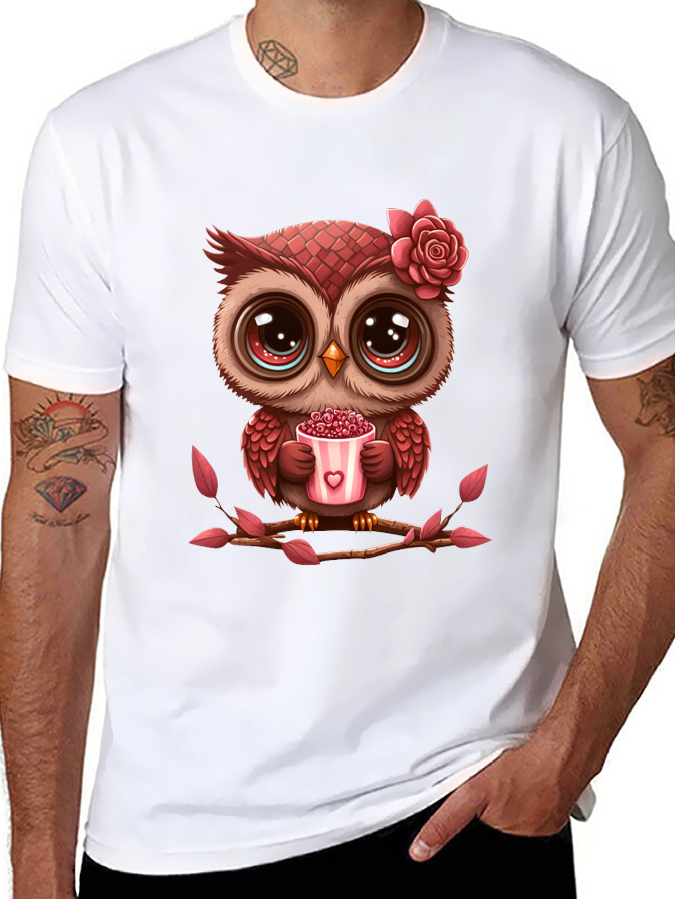 Black Cute Owl Valentine's Day Black T-Shirt view 8