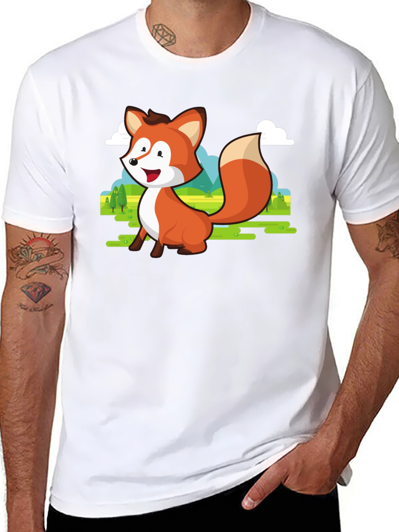 Black Cute Fox Cartoon T-Shirt - Men's Black Tee view 8