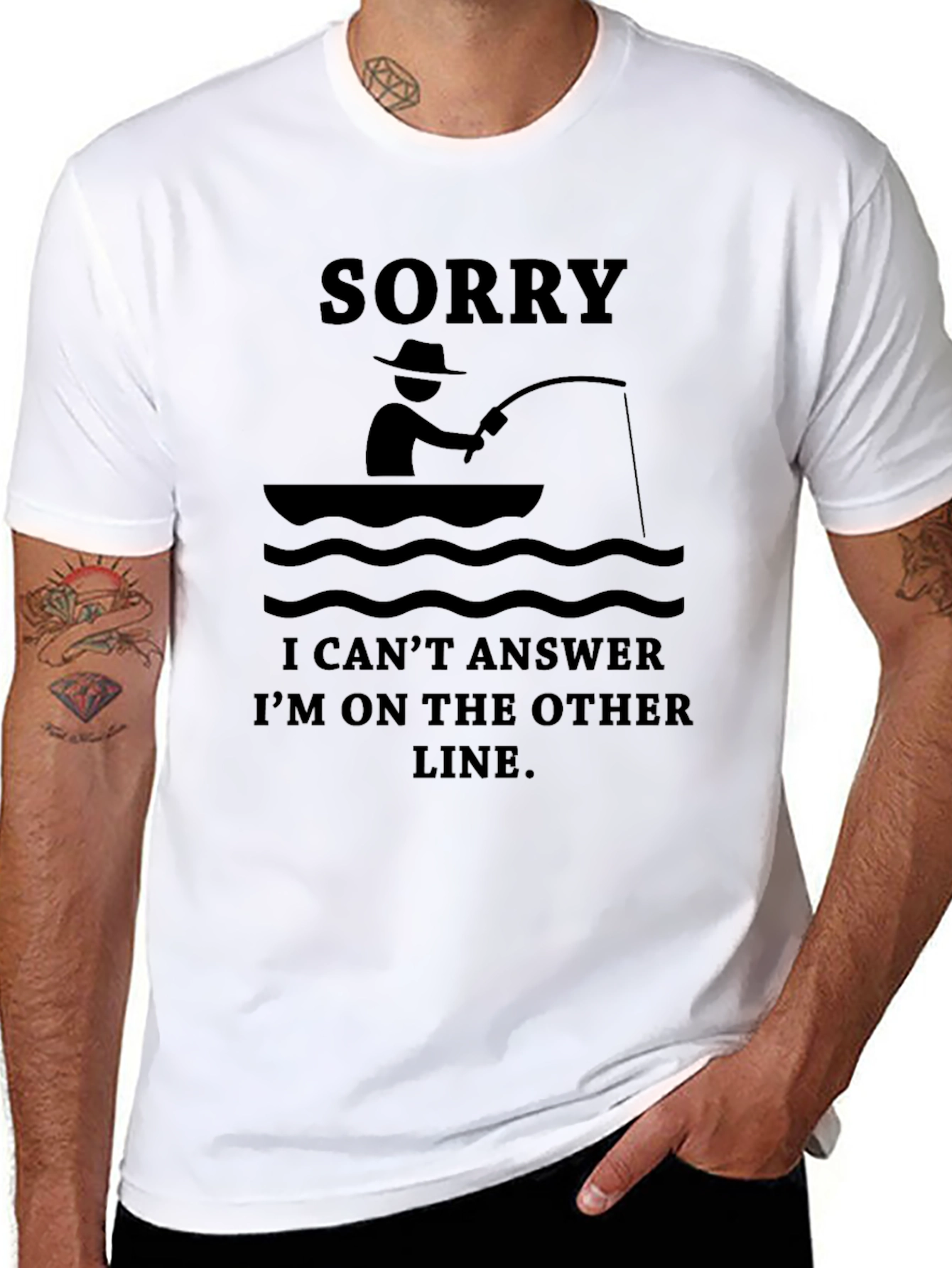 Black Fisherman's Tee: Sorry, On The Other Line! view 8