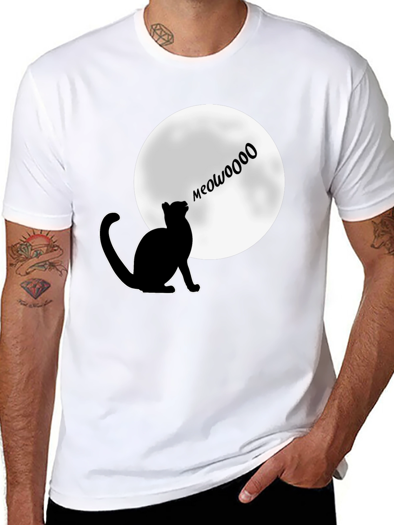 Black Meow at the Moon T-Shirt - Black, Cat Lover Tee view 8