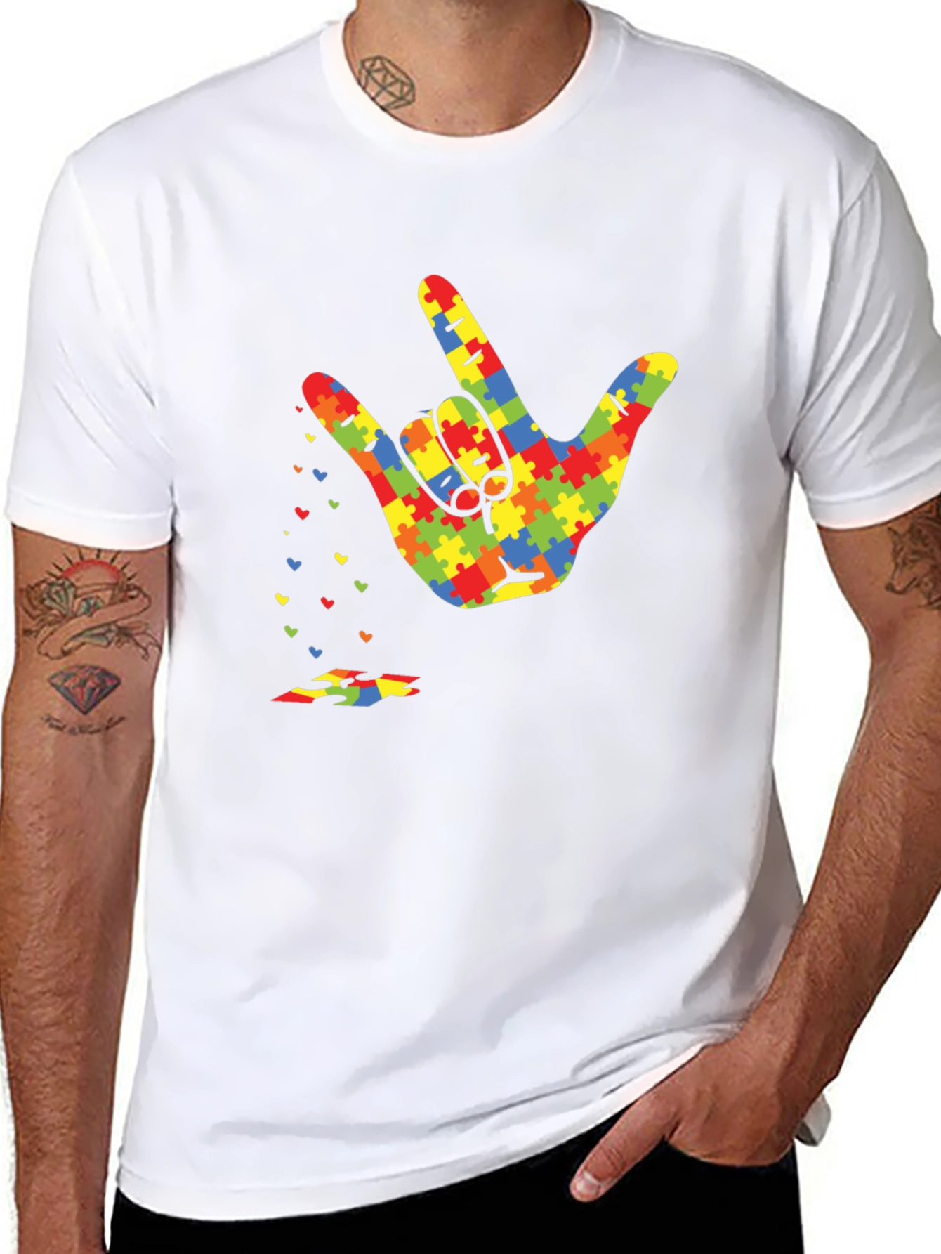 Black Autism Awareness Puzzle Hand Gesture T-Shirt view 8