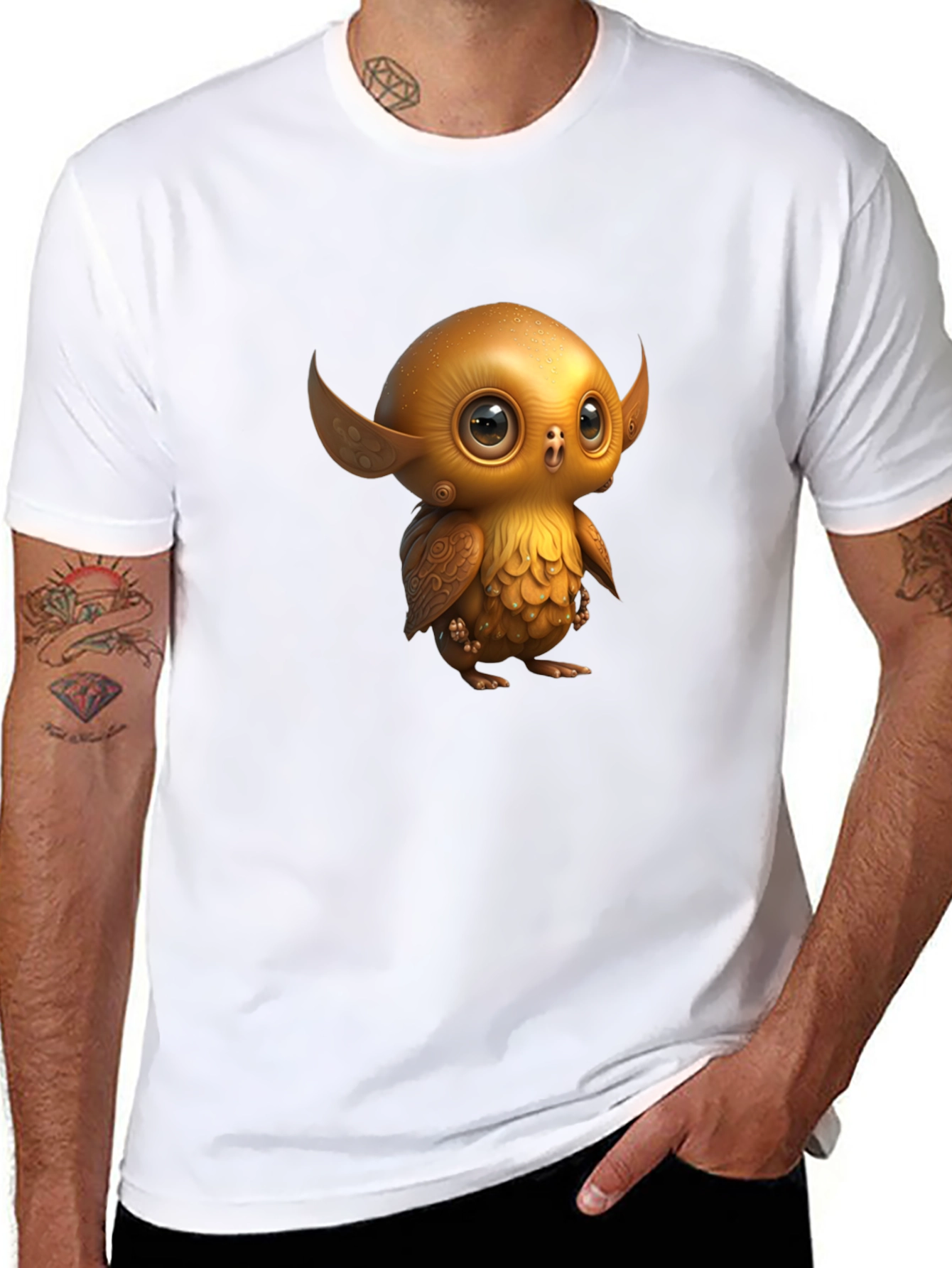 Black Cute Golden Owl Creature Graphic Tee view 8