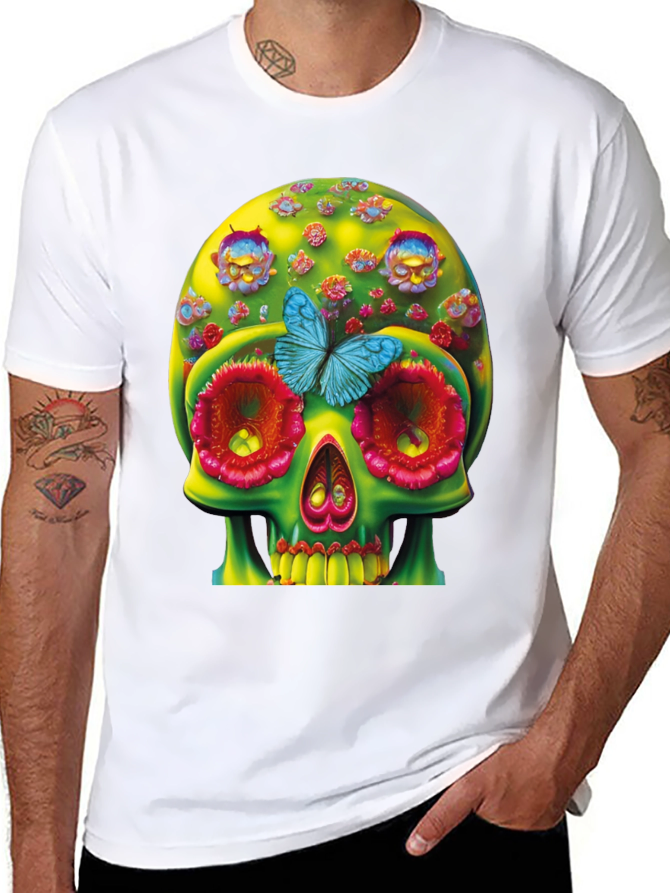 Black Floral Skull T-Shirt - Unique Graphic Tee view 8