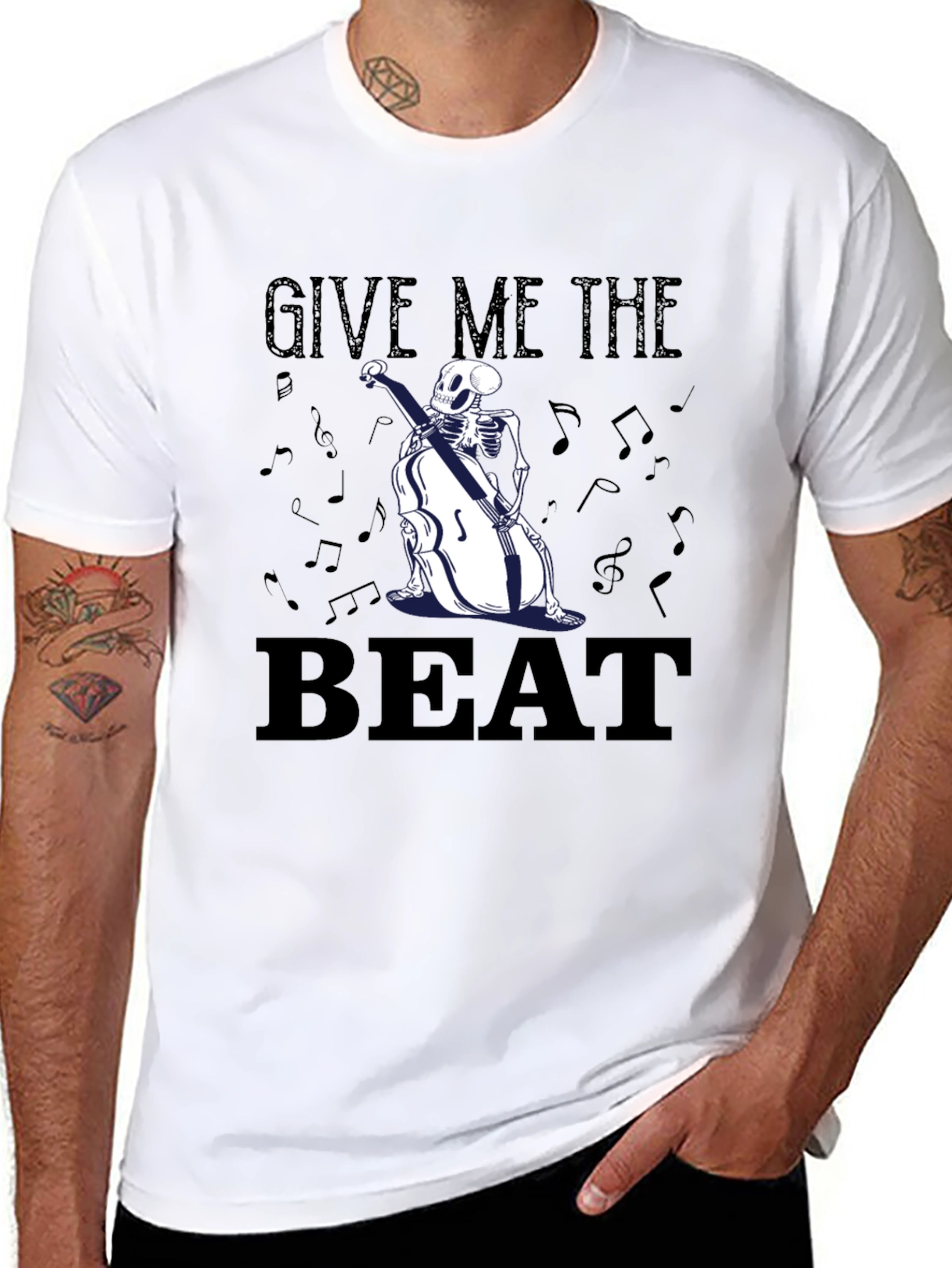 Black Give Me The Beat Skeleton Bassist Graphic T-Shirt view 8