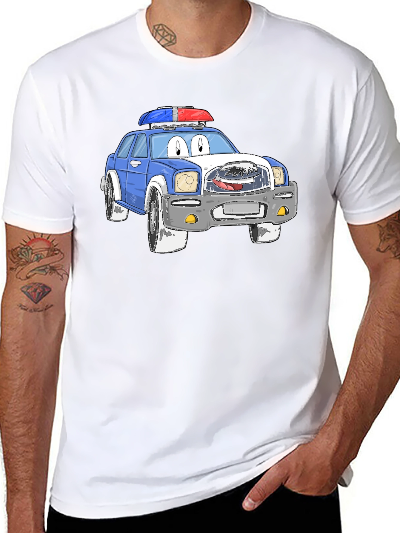 Black Cartoon Police Car Graphic T-Shirt view 8