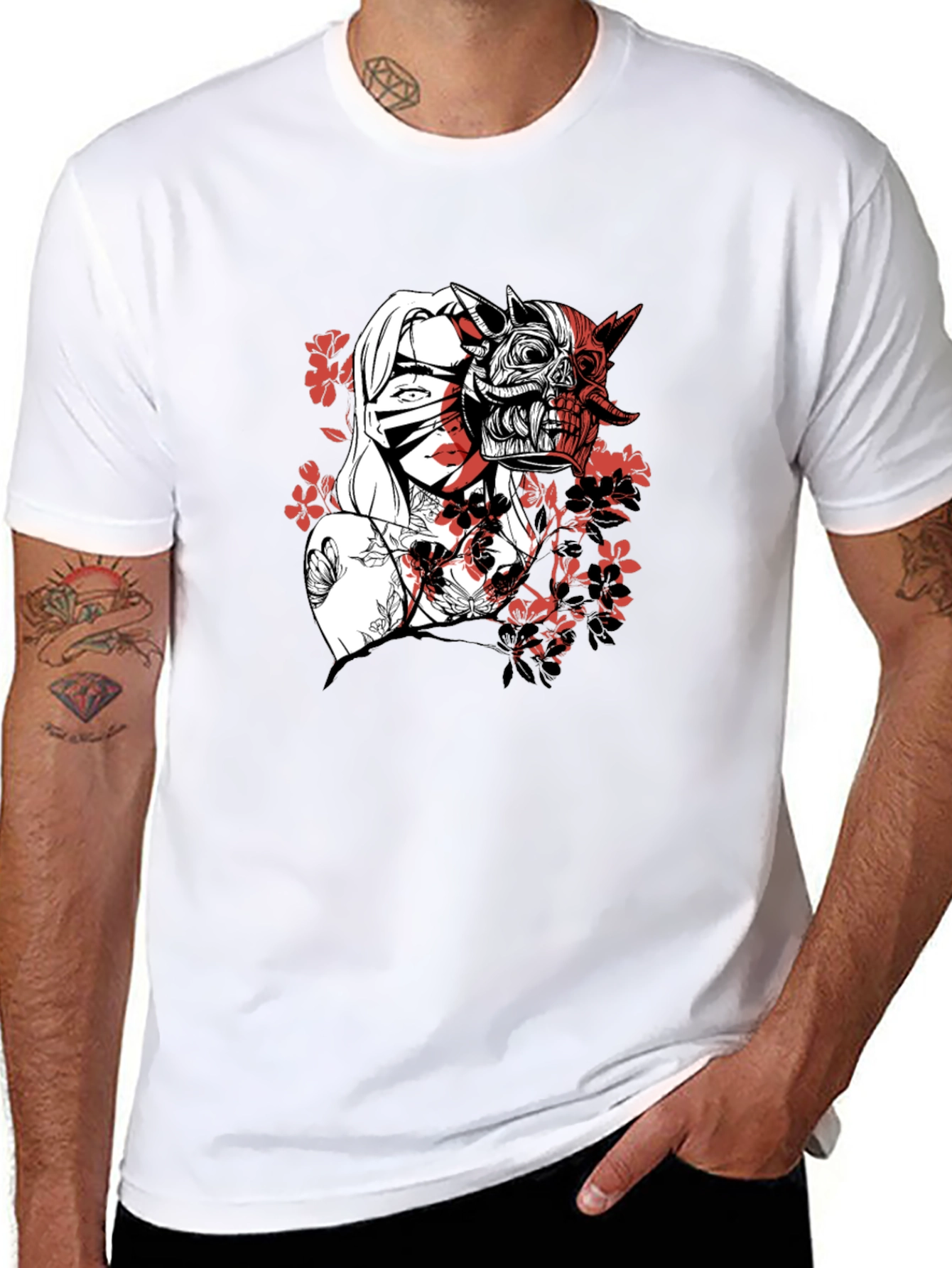 Black Men's Graphic Tee - Samurai Girl & Skull Design view 8