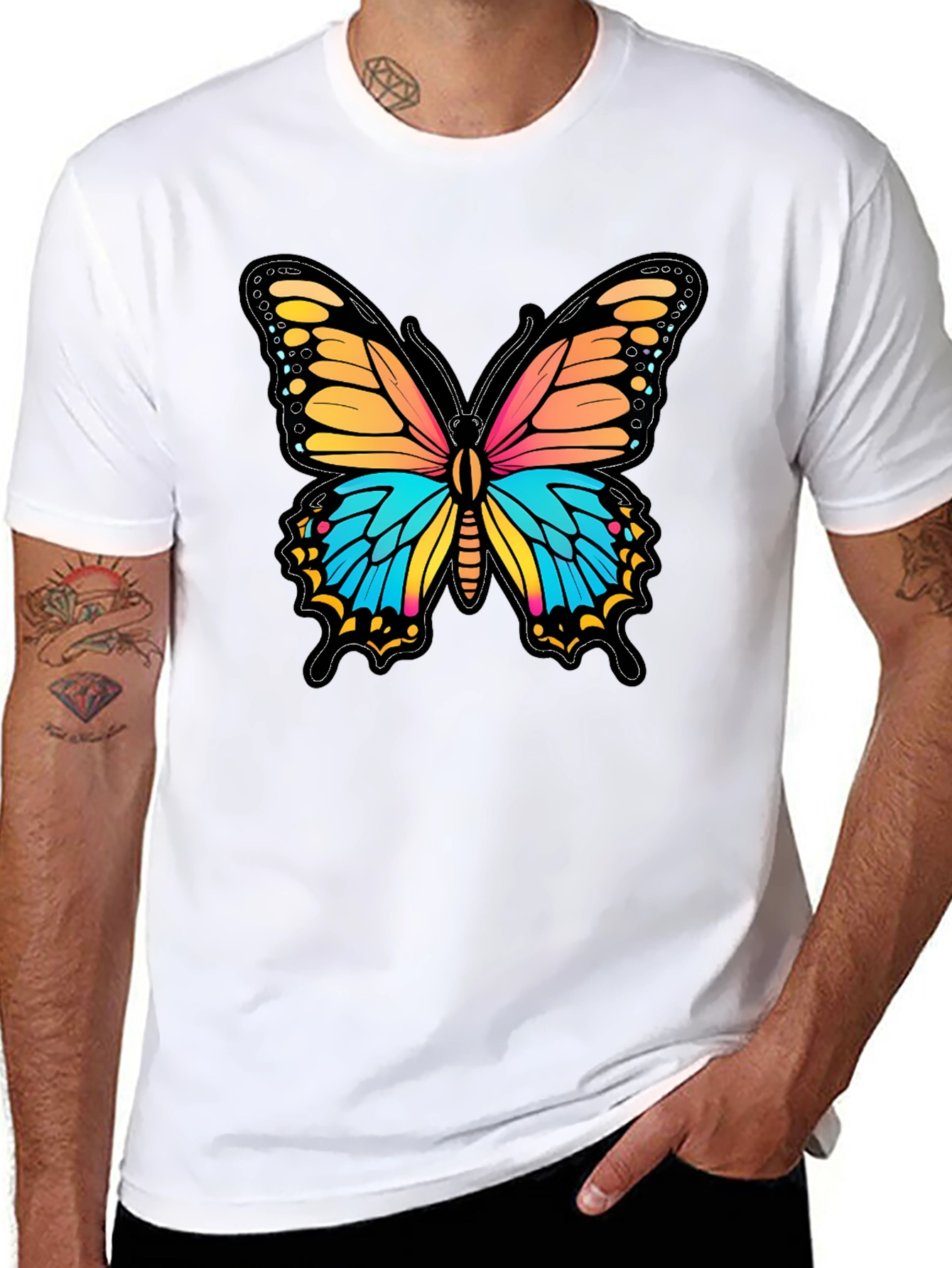 Black Vibrant Butterfly Graphic Print Black T-Shirt view 8