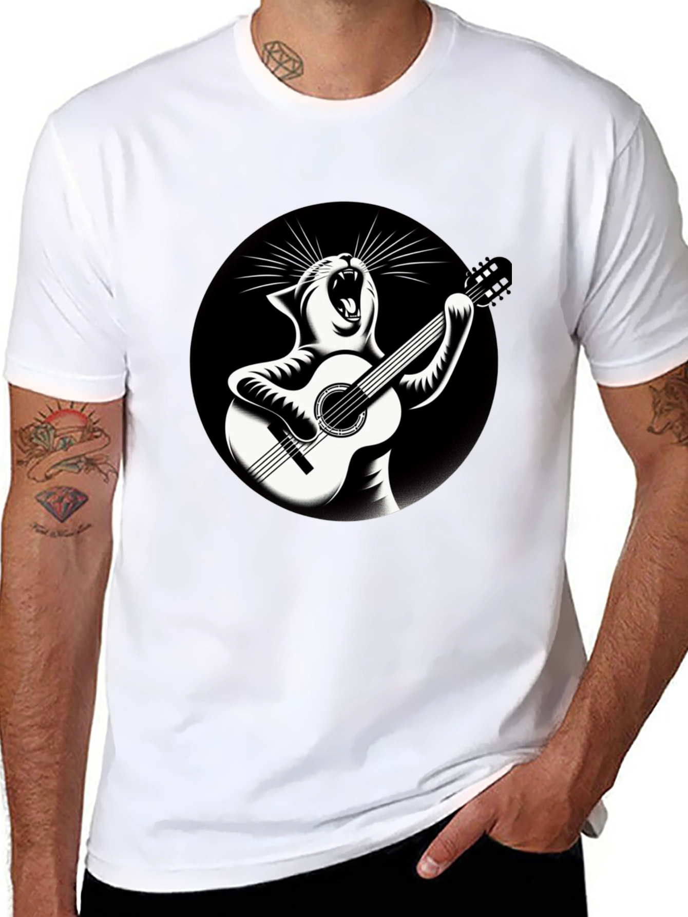 Black Cat Playing Guitar Graphic T-Shirt view 8