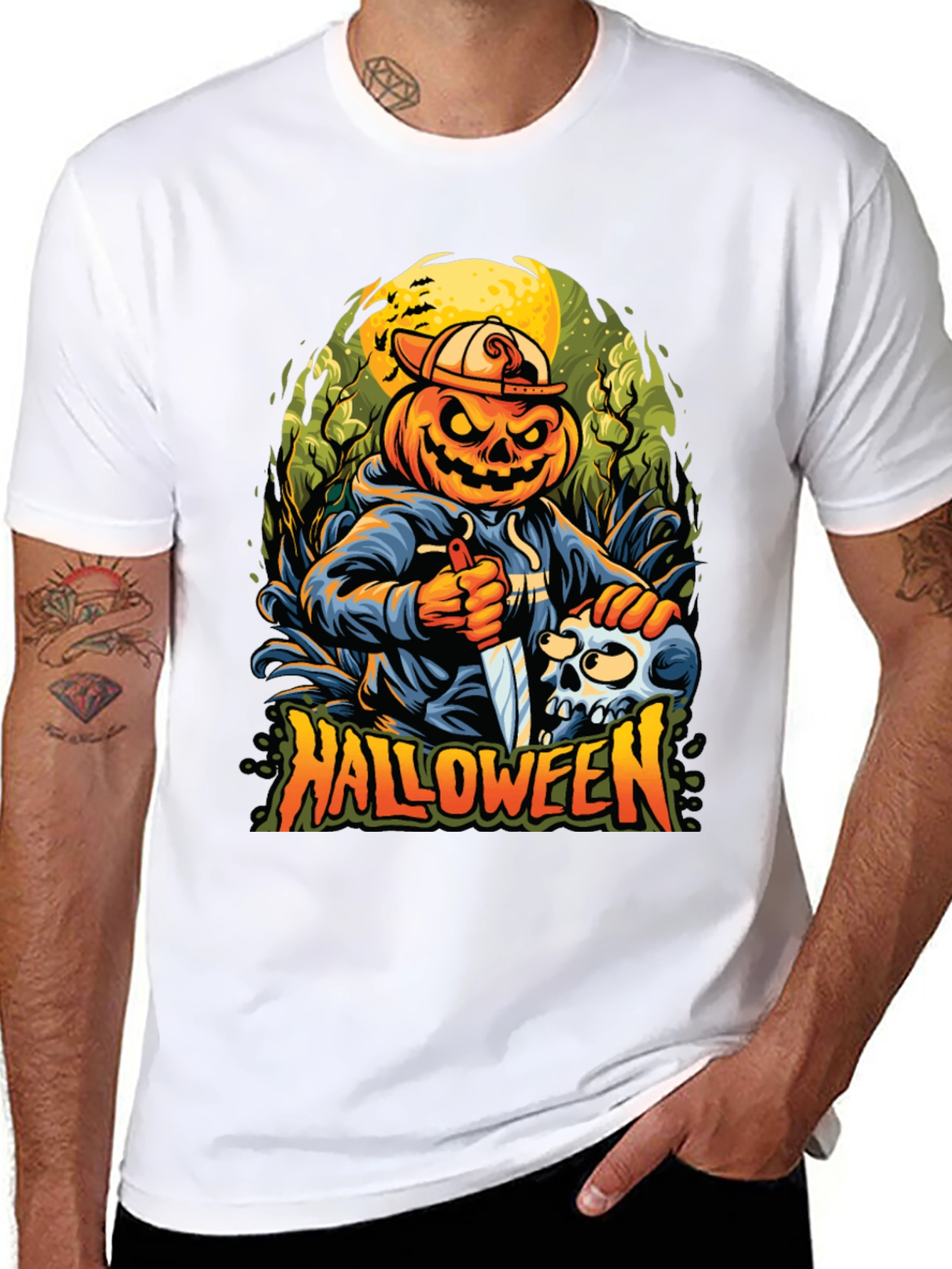 Black Halloween Pumpkin Skull Graphic Tee view 8