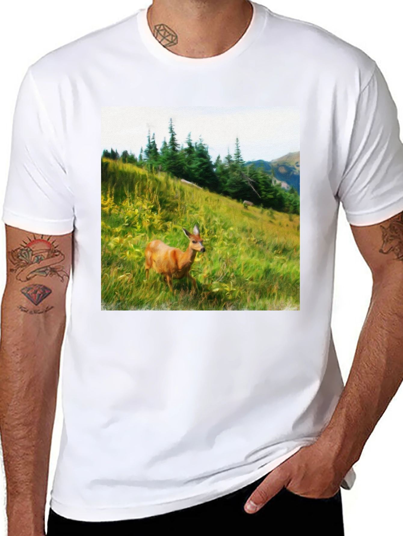 Black Nature Scene Deer Graphic Tee - Unisex Black T-Shirt view 8