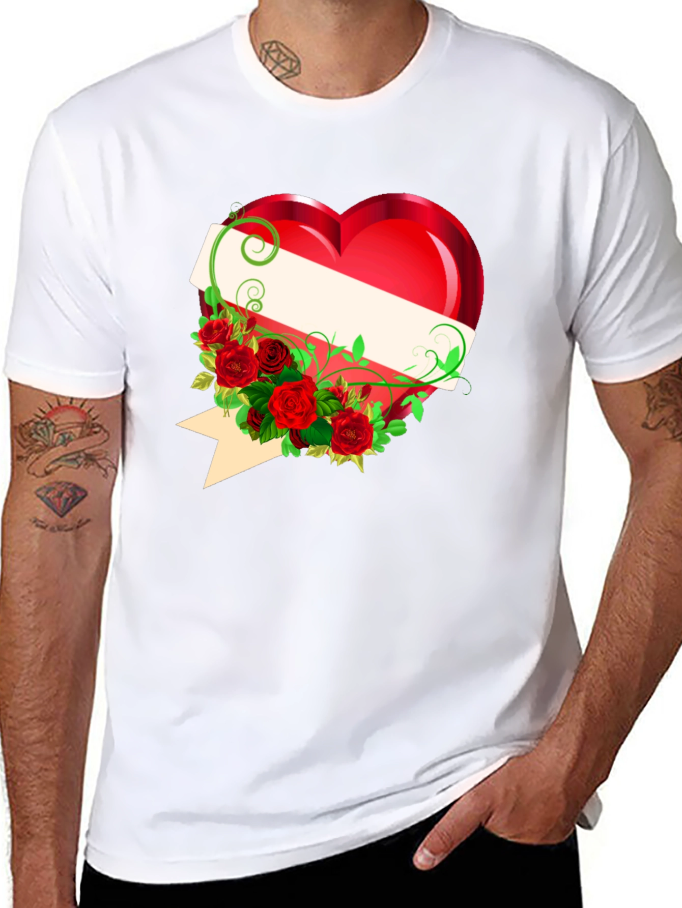 Black Heart & Roses Graphic Tee - Romantic Design T-Shirt view 8