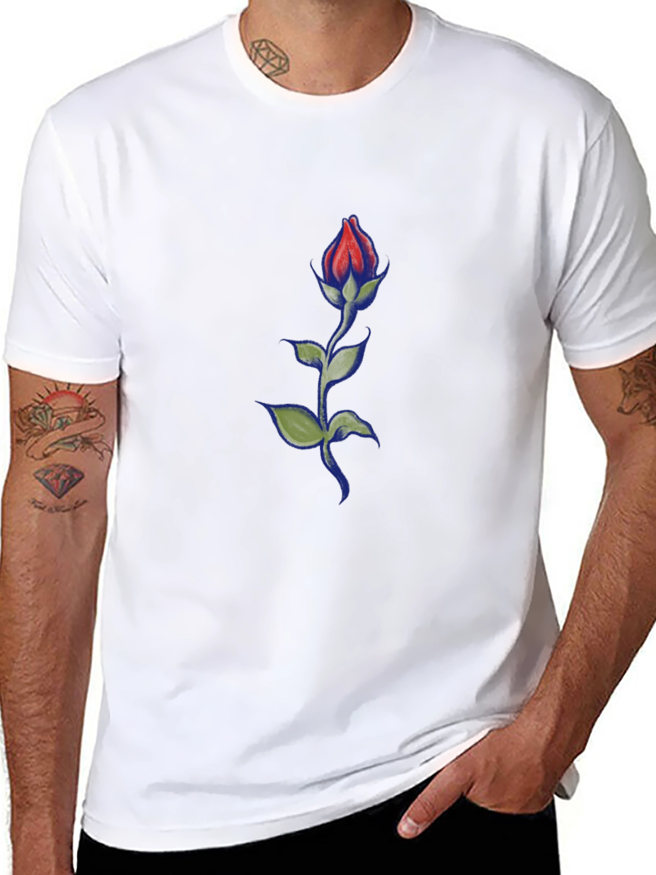 Black Men's Black T-Shirt with Rose Design view 8