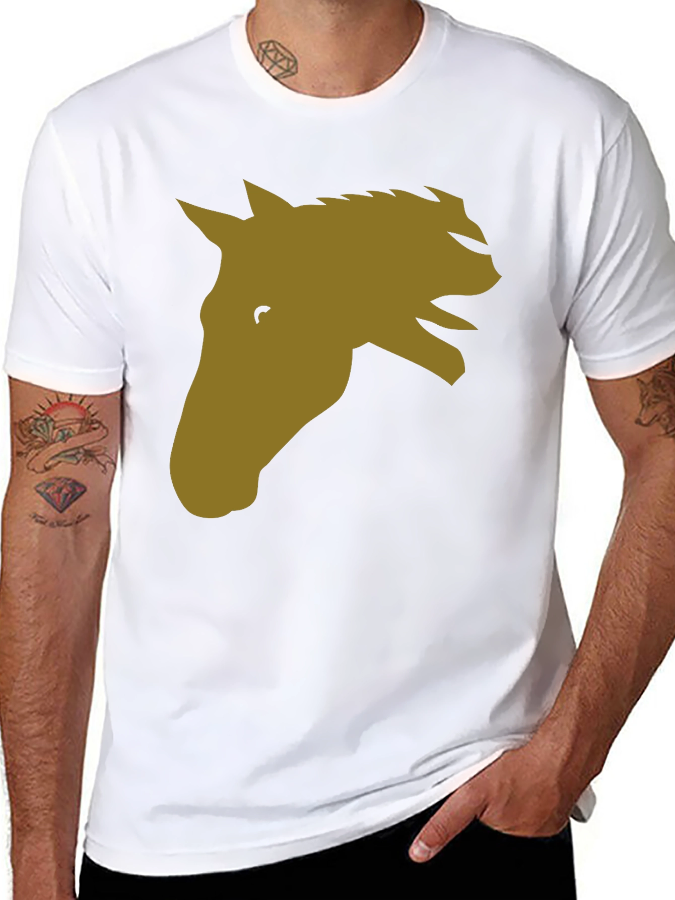 Black Horse Head Graphic Tee - Black Cotton Blend Casual T-Shirt view 8