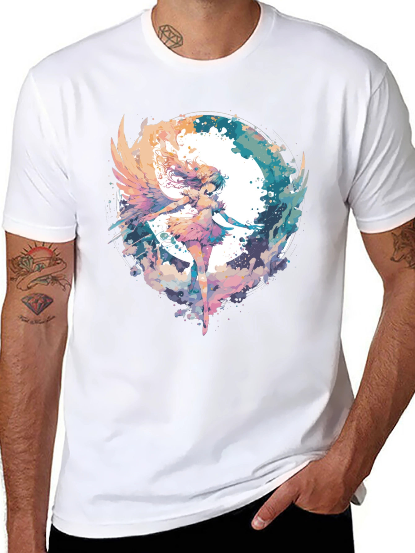 Black Anime Angel Wings T-Shirt - Watercolor Style view 8
