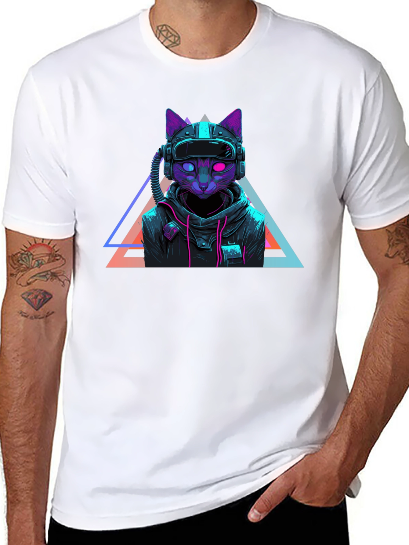 Black Cyberpunk Cat T-Shirt - Futuristic Neon Design view 8