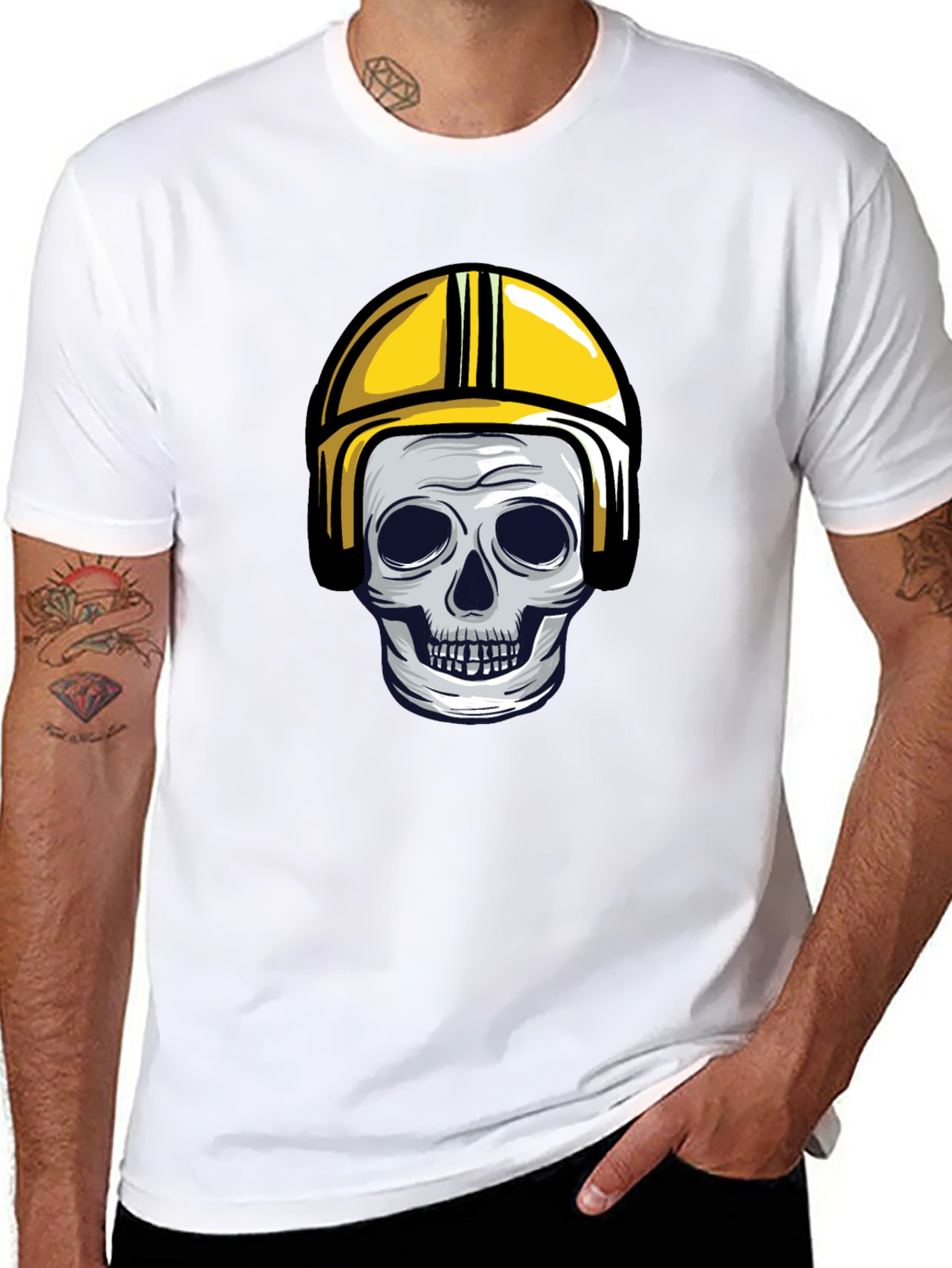 Black Skull in Yellow Helmet Graphic Tee view 8