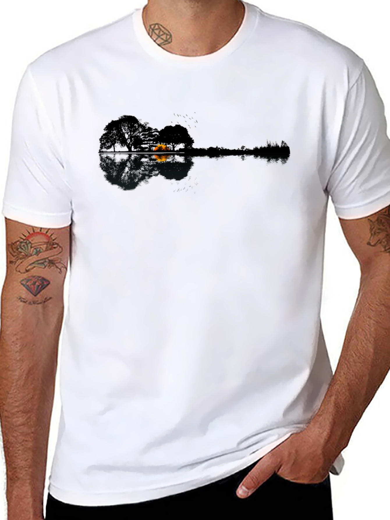 Black Nature Guitar Reflection T-Shirt - Unique Design view 8