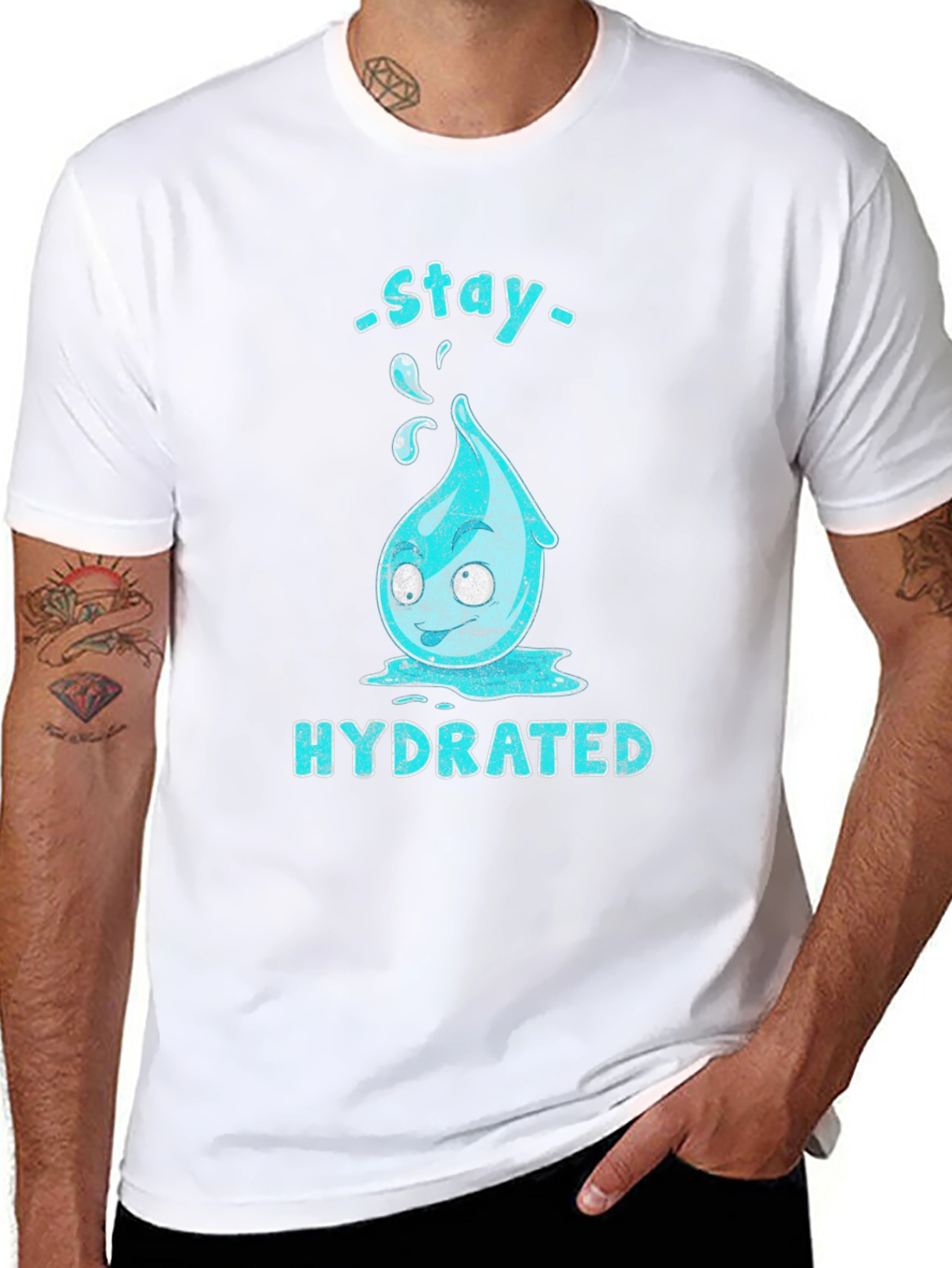 Black Stay Hydrated Cartoon Waterdrop Graphic T-Shirt view 8