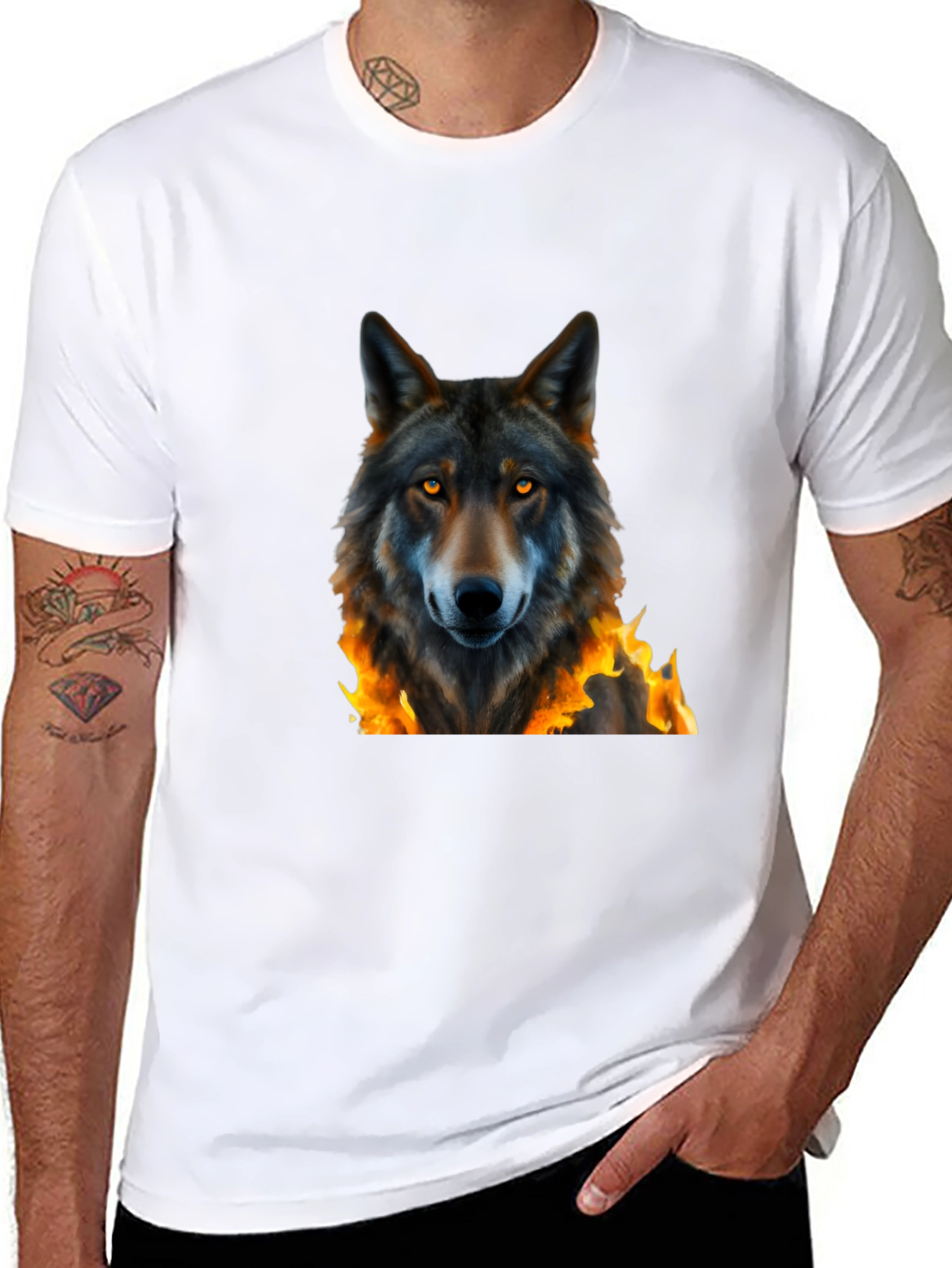 Black Fiery Wolf Graphic Tee - Black Cotton T-Shirt view 8