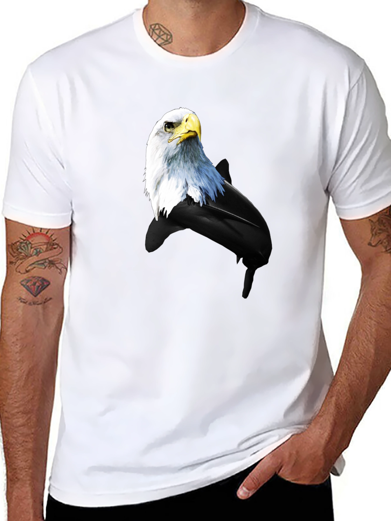 Black Eagle and Dolphin Graphic Tee - Black Cotton Blend view 8