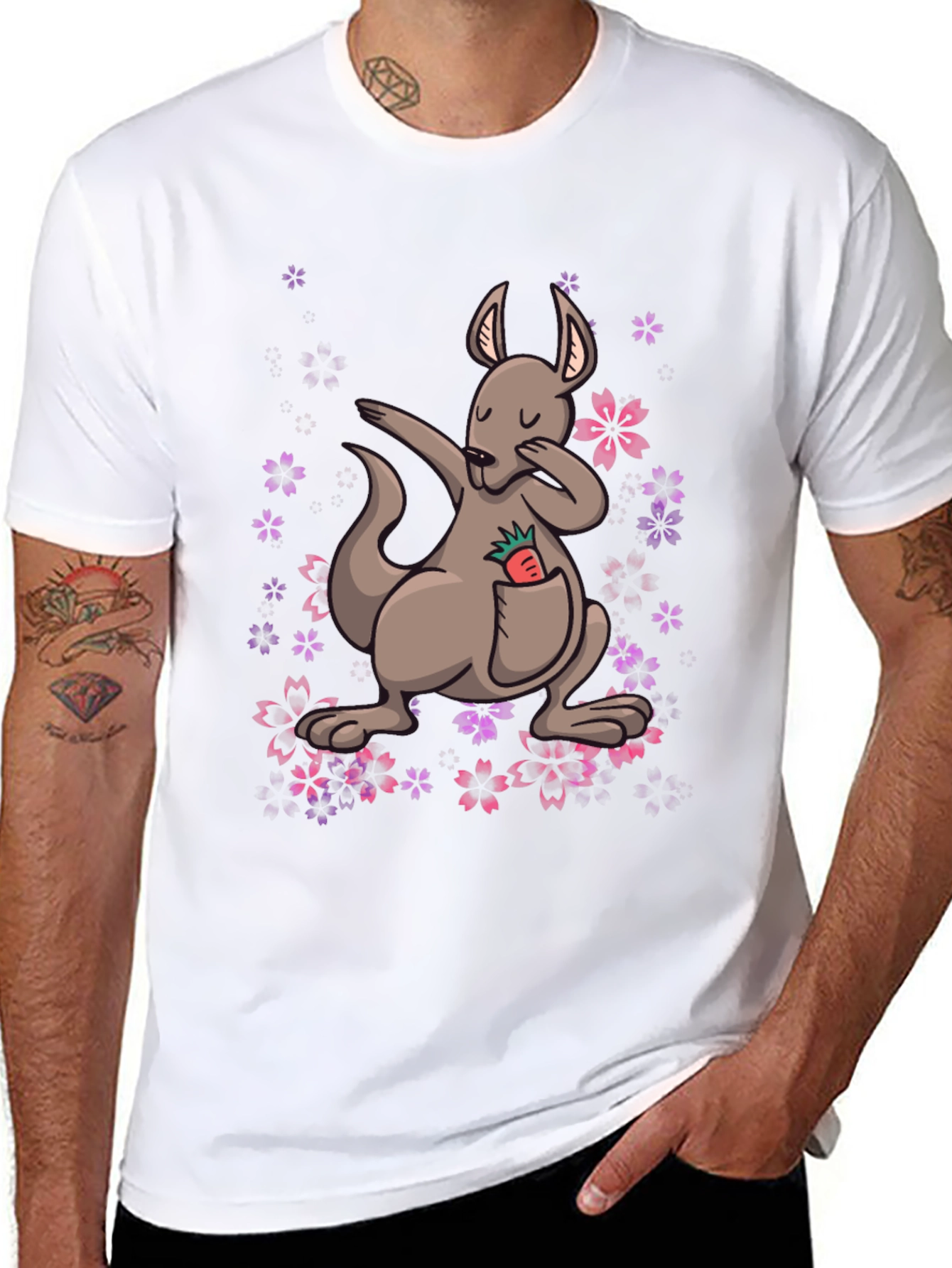 Black Dabbing Kangaroo Floral T-Shirt - Unique Graphic Tee view 8