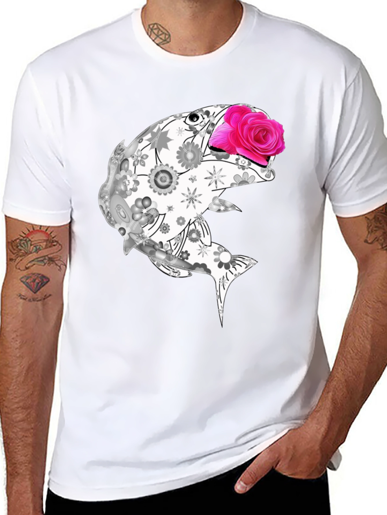 Black Floral Fish Graphic Tee - Stylish Casual Wear view 8