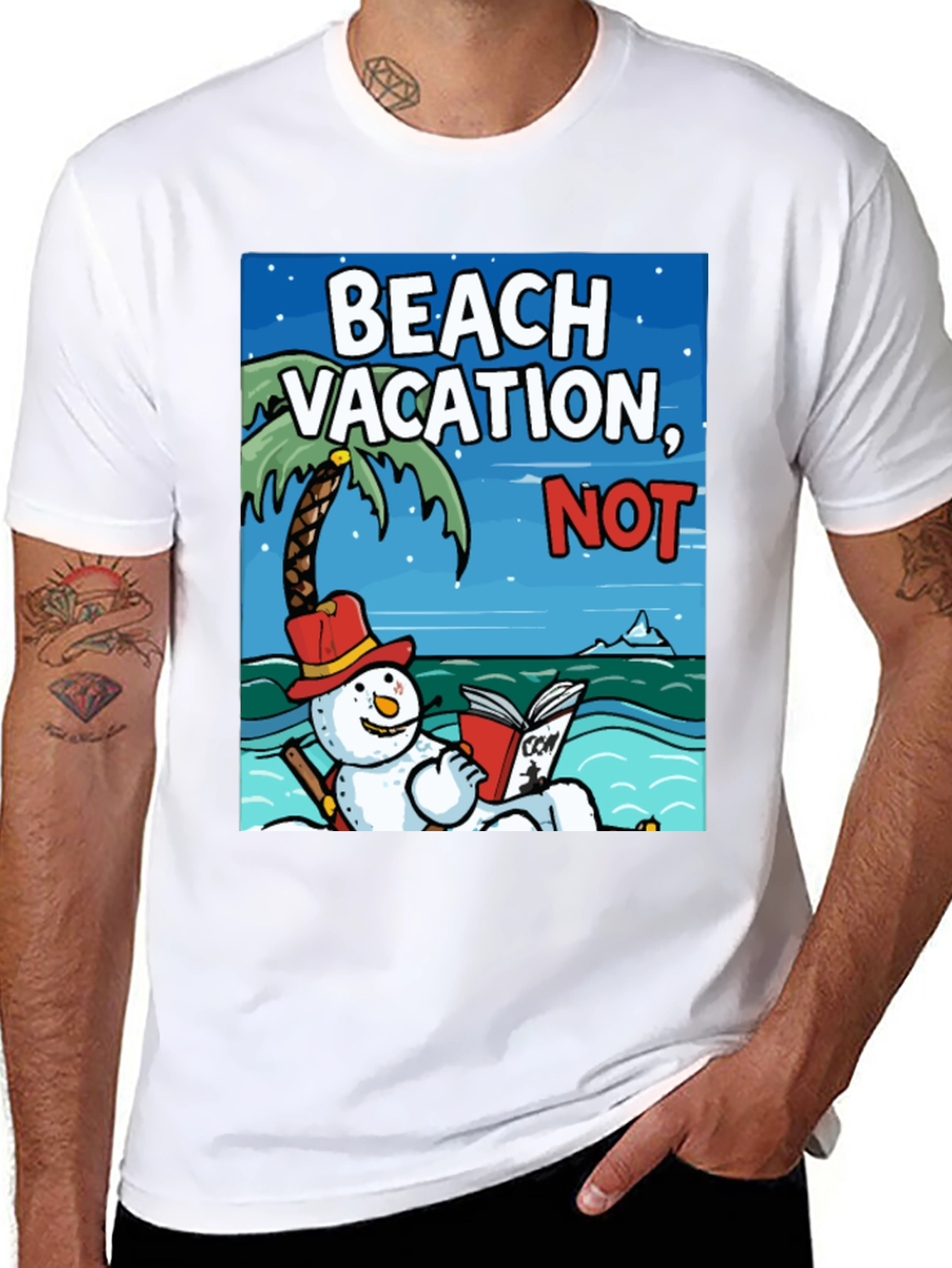 Black Beach Vacation NOT! Funny Snowman Holiday T-Shirt view 8