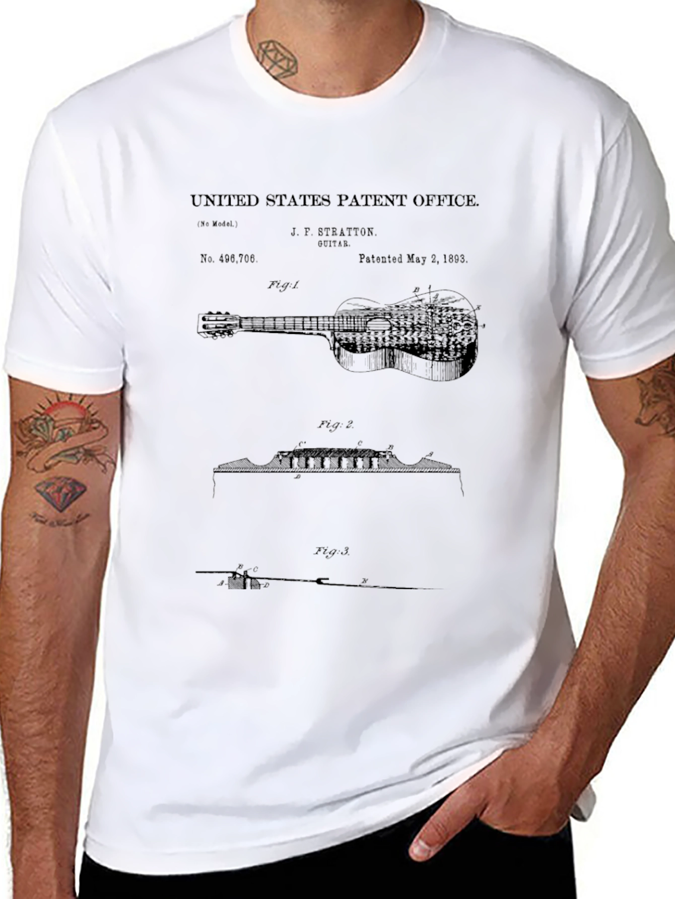 Black Vintage Guitar Patent Print T-Shirt view 8