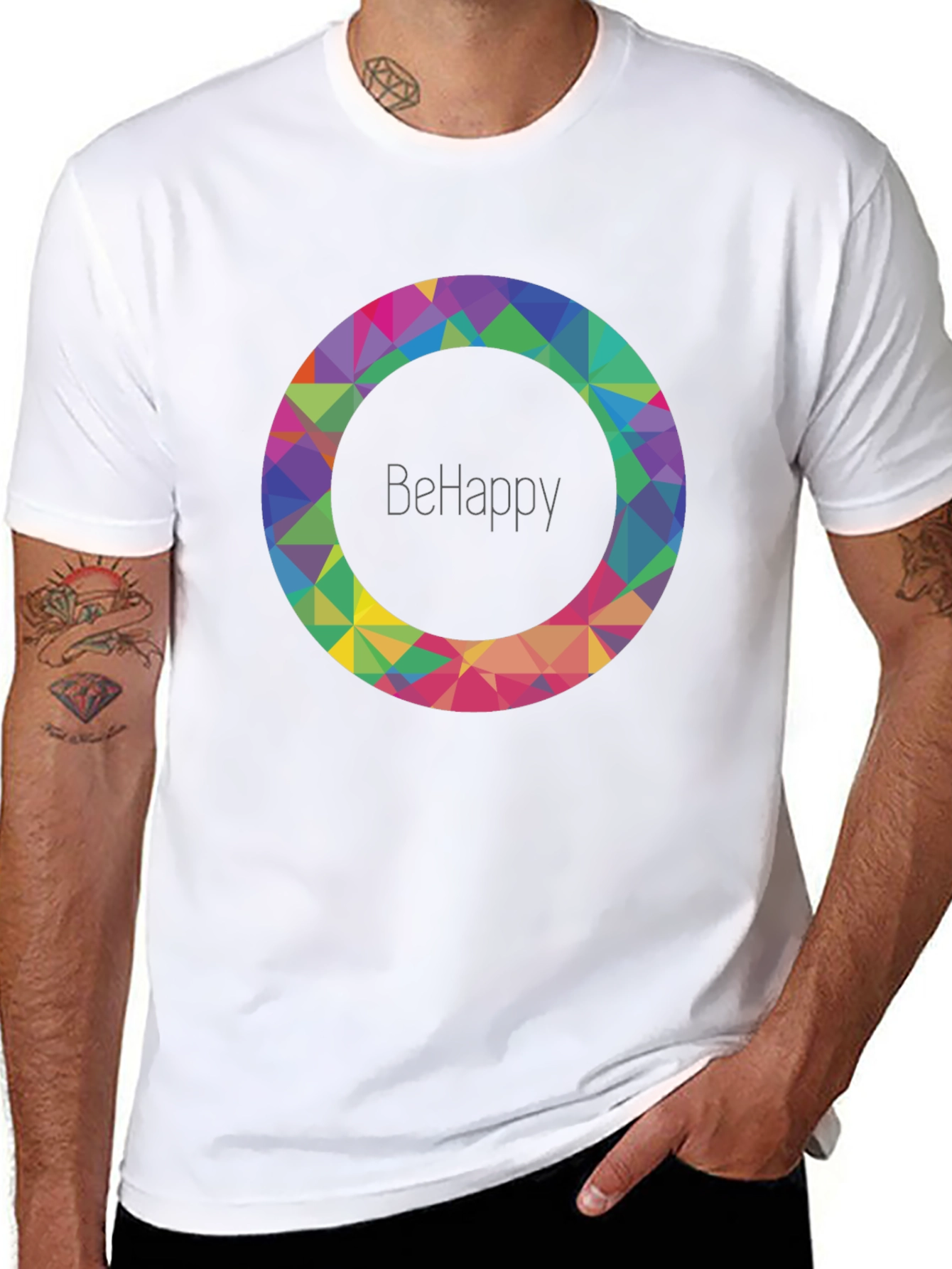 Black BeHappy Geometric Circle Graphic Black T-Shirt view 8