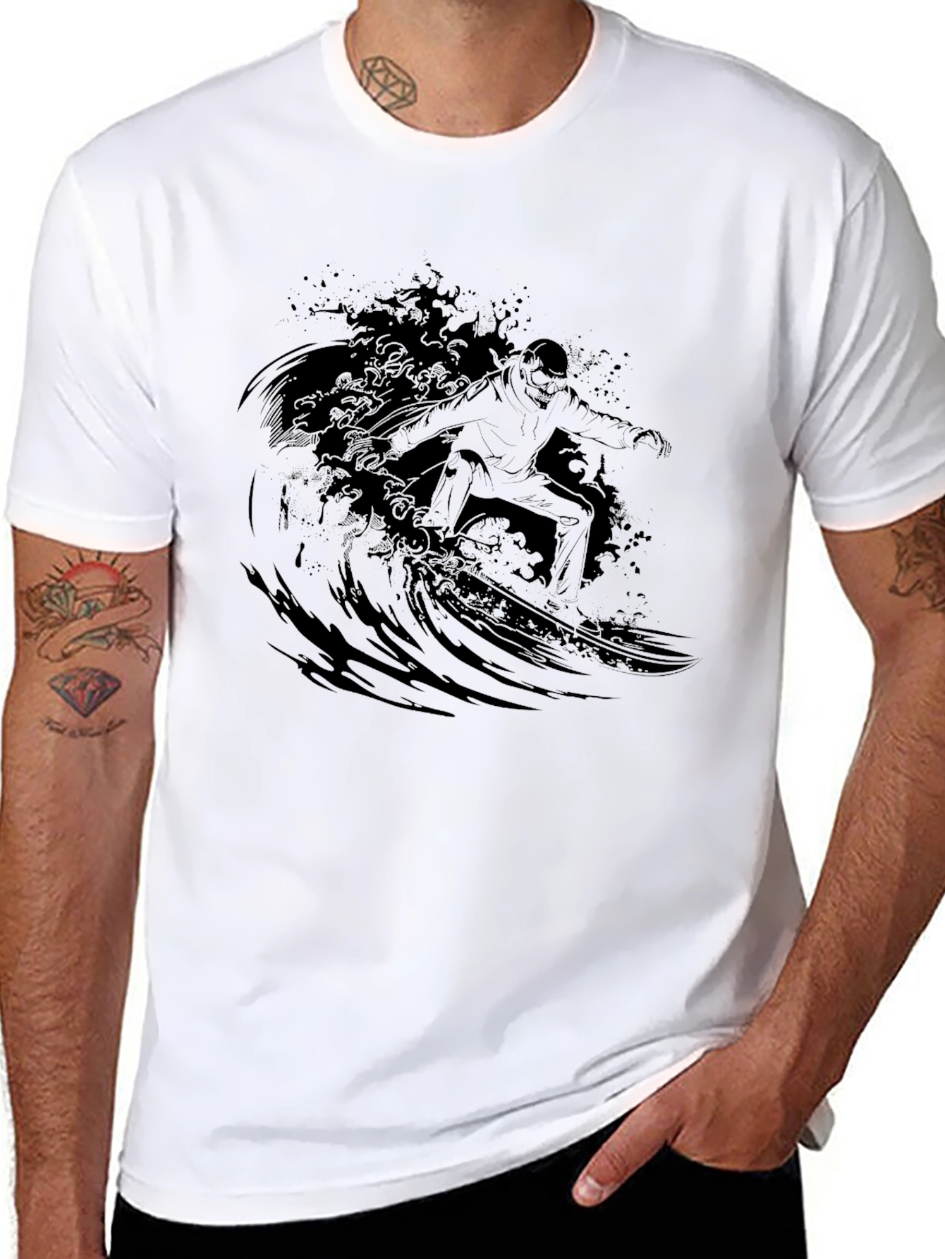 Black Surfer Wave Graphic Black T-Shirt view 8