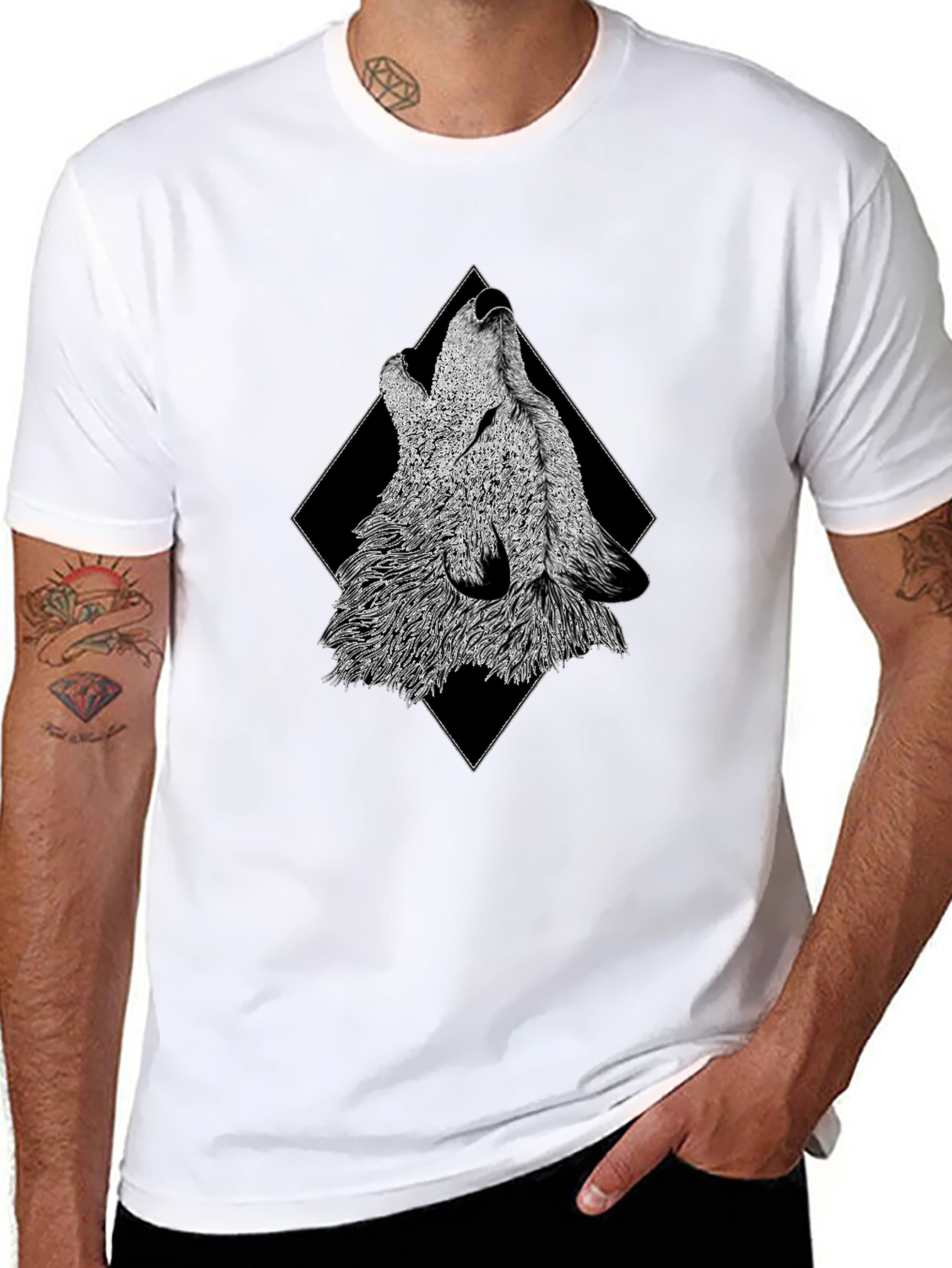 Black Howling Wolf Graphic Print Black T-Shirt view 8