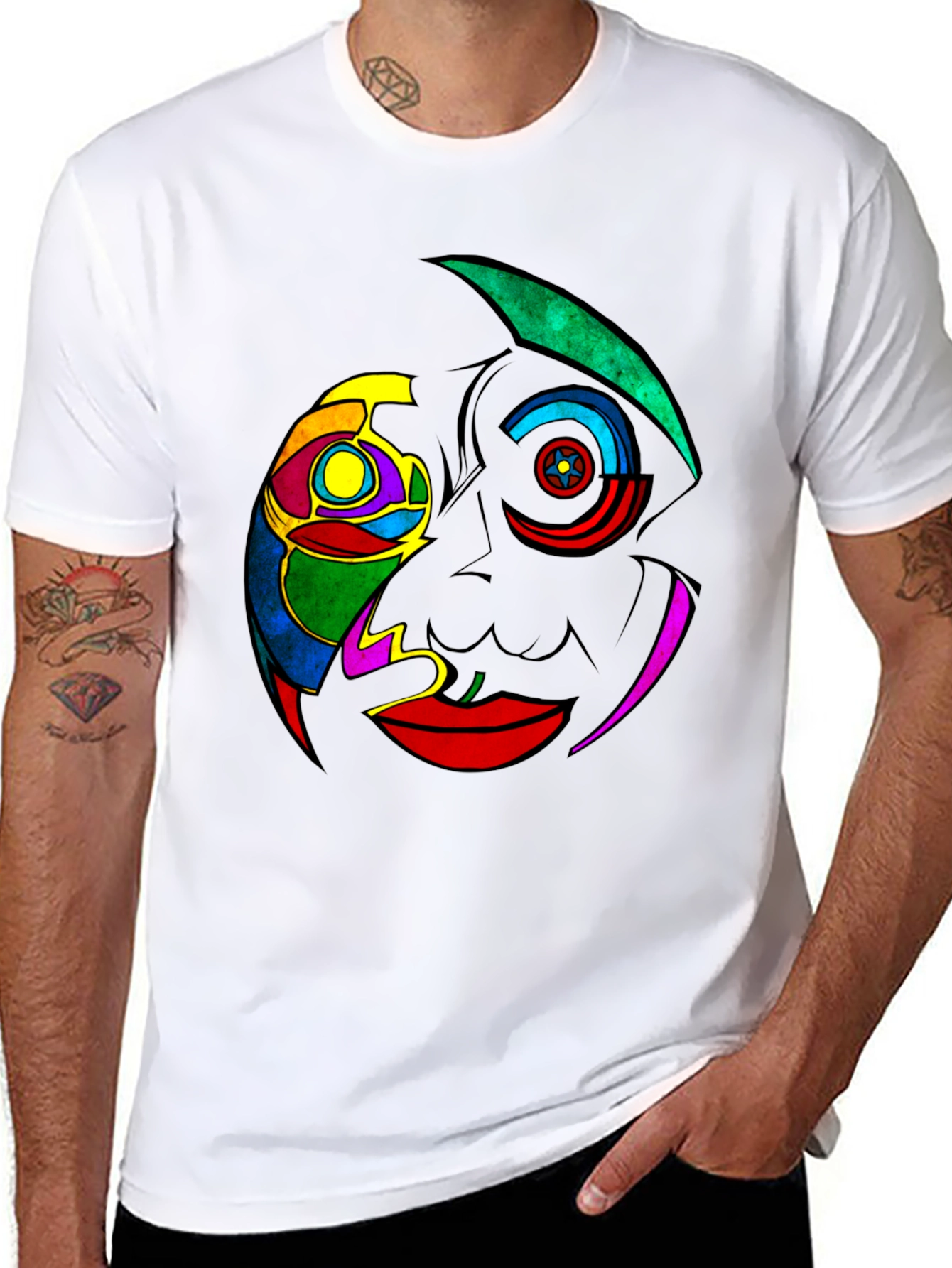 Black Abstract Colorful Face Graphic Black T-Shirt view 8