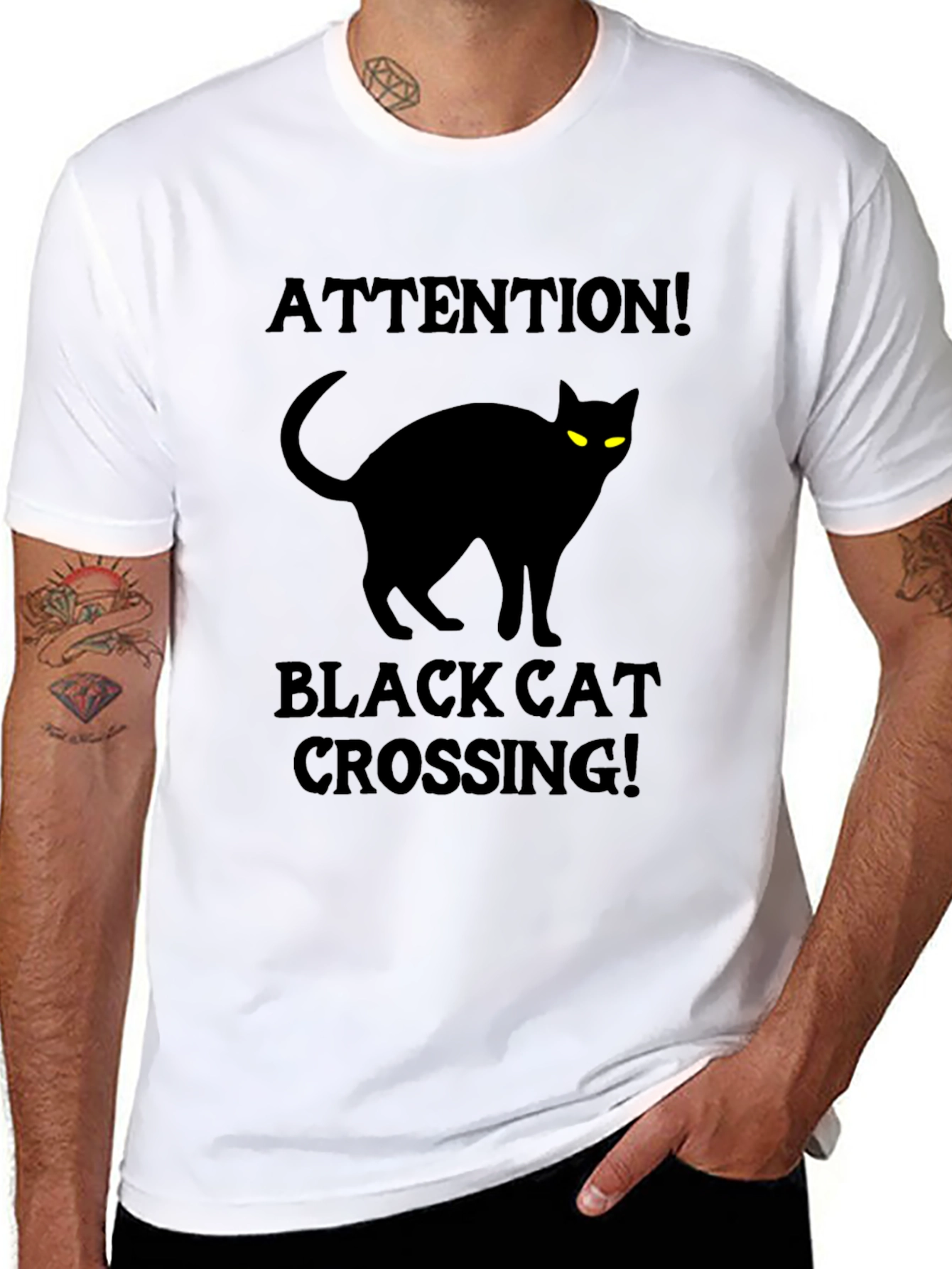 Black Black Cat Crossing T-Shirt - Attention Halloween Tee view 8