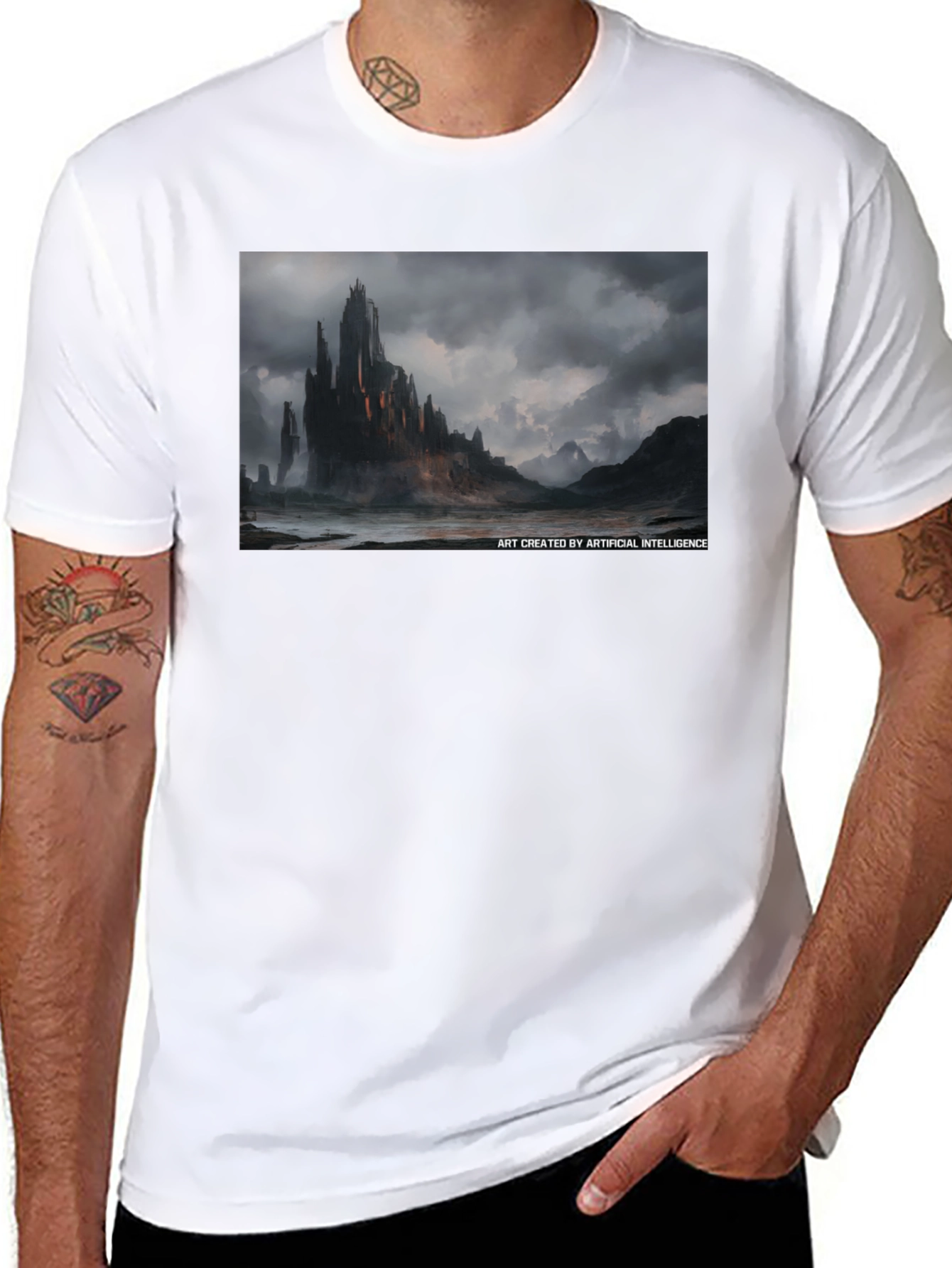 Black Dark Castle AI Art Black Tee - Unique Graphic T-Shirt view 8