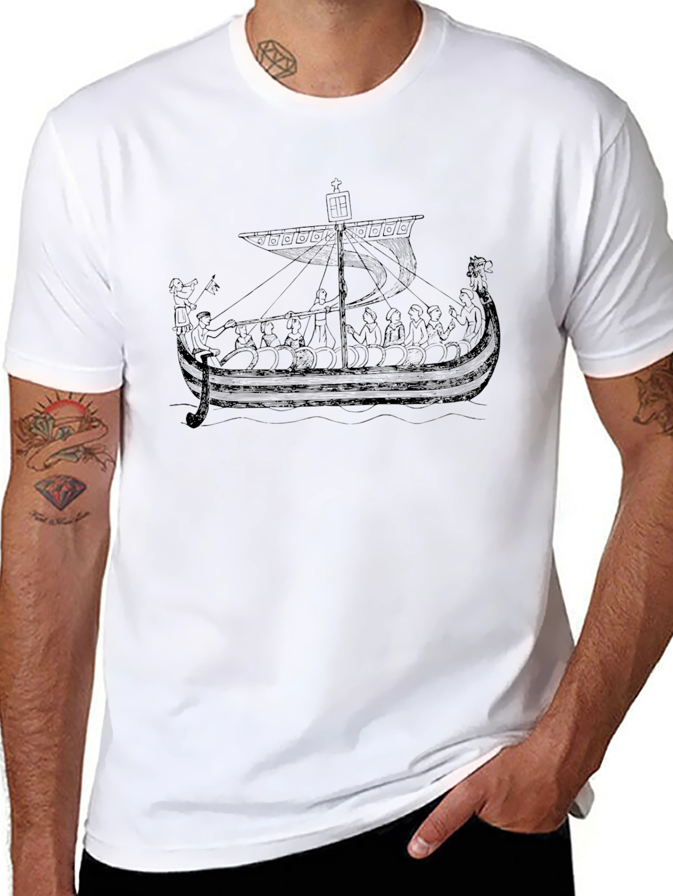 Black Viking Ship Graphic Tee - Black Cotton T-Shirt view 8