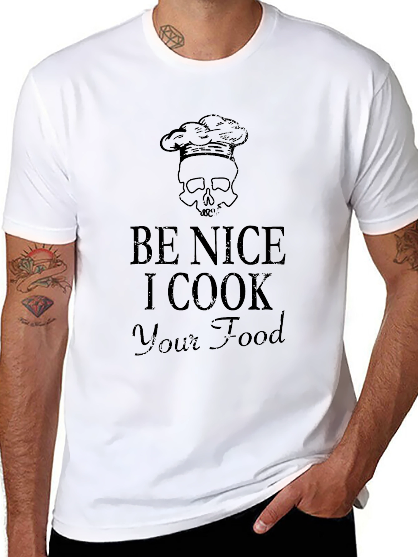 Black Be Nice I Cook Your Food Skull Chef Hat T-Shirt view 8