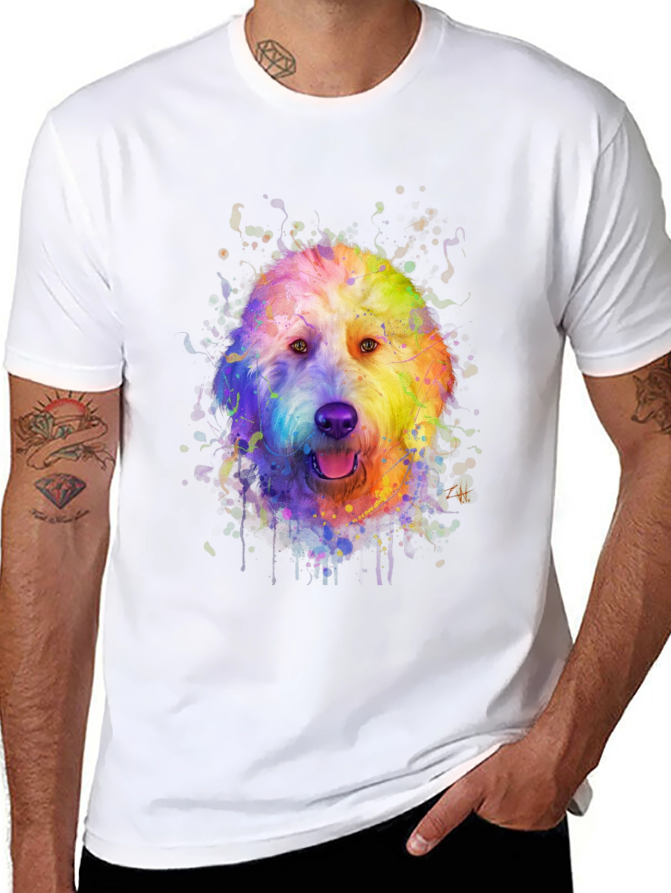 Black Rainbow Doodle Dog Graphic Tee - Black Cotton T-Shirt view 8