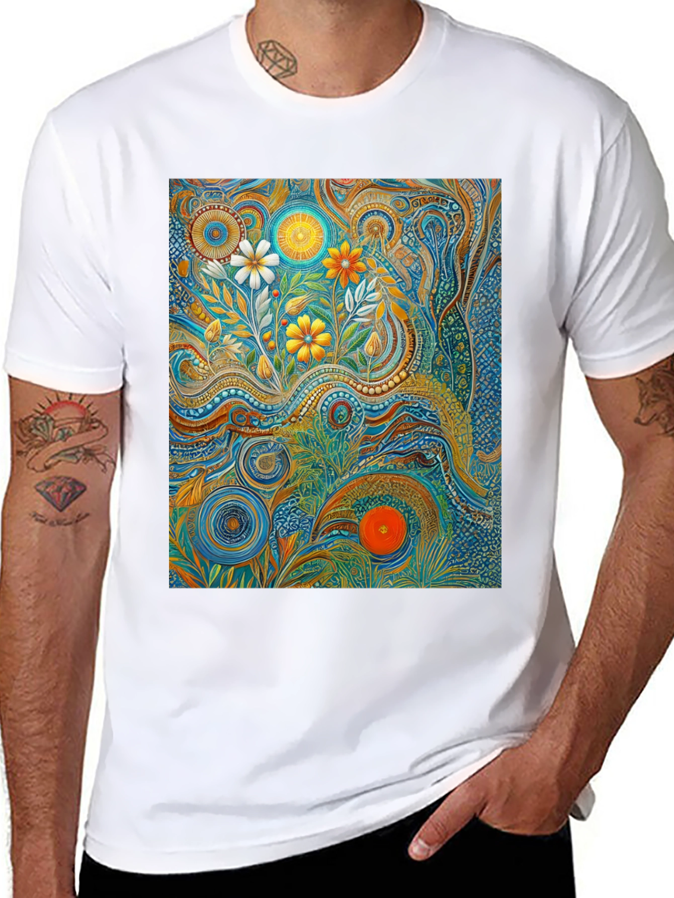 Black Psychedelic Floral Art T-Shirt view 8