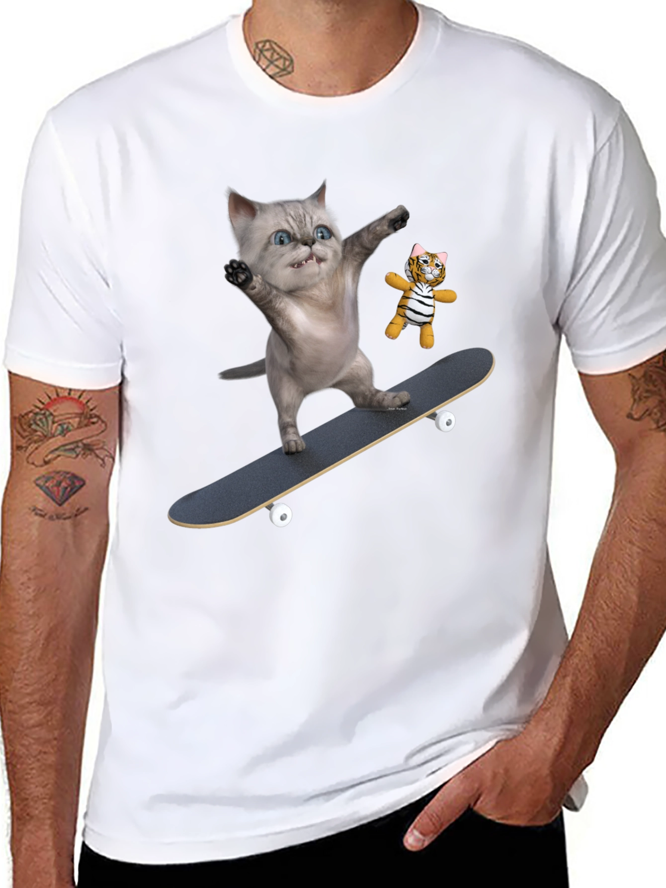 Black Cool Cat Skateboard T-Shirt - Unique Design view 8