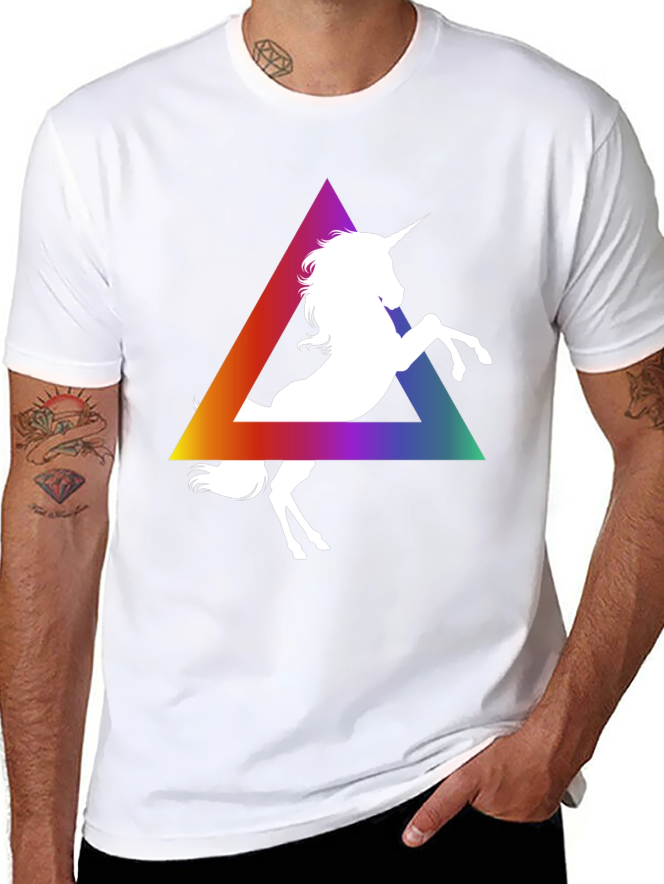Black Unicorn Rainbow Triangle Graphic Tee - Black Cotton T-Shirt view 8