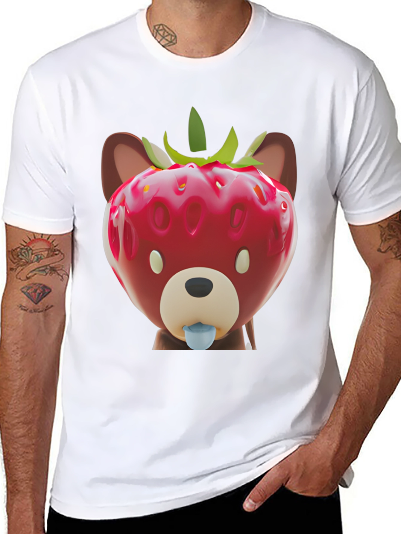 Black Strawberry Bear Graphic Tee - Unique Men's Black T-Shirt view 8