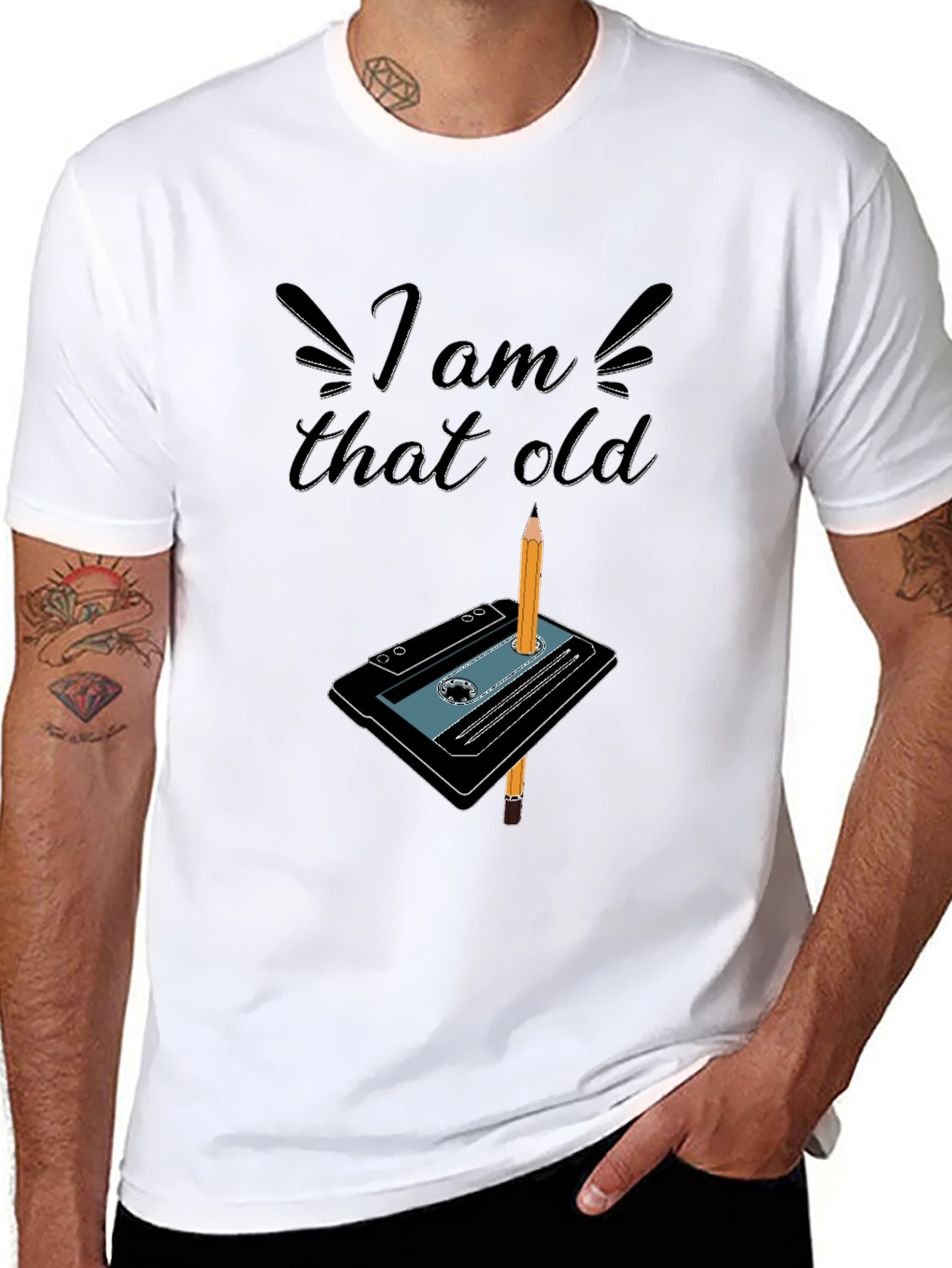 Black I Am That Old Cassette Tape & Pencil Graphic T-Shirt view 8