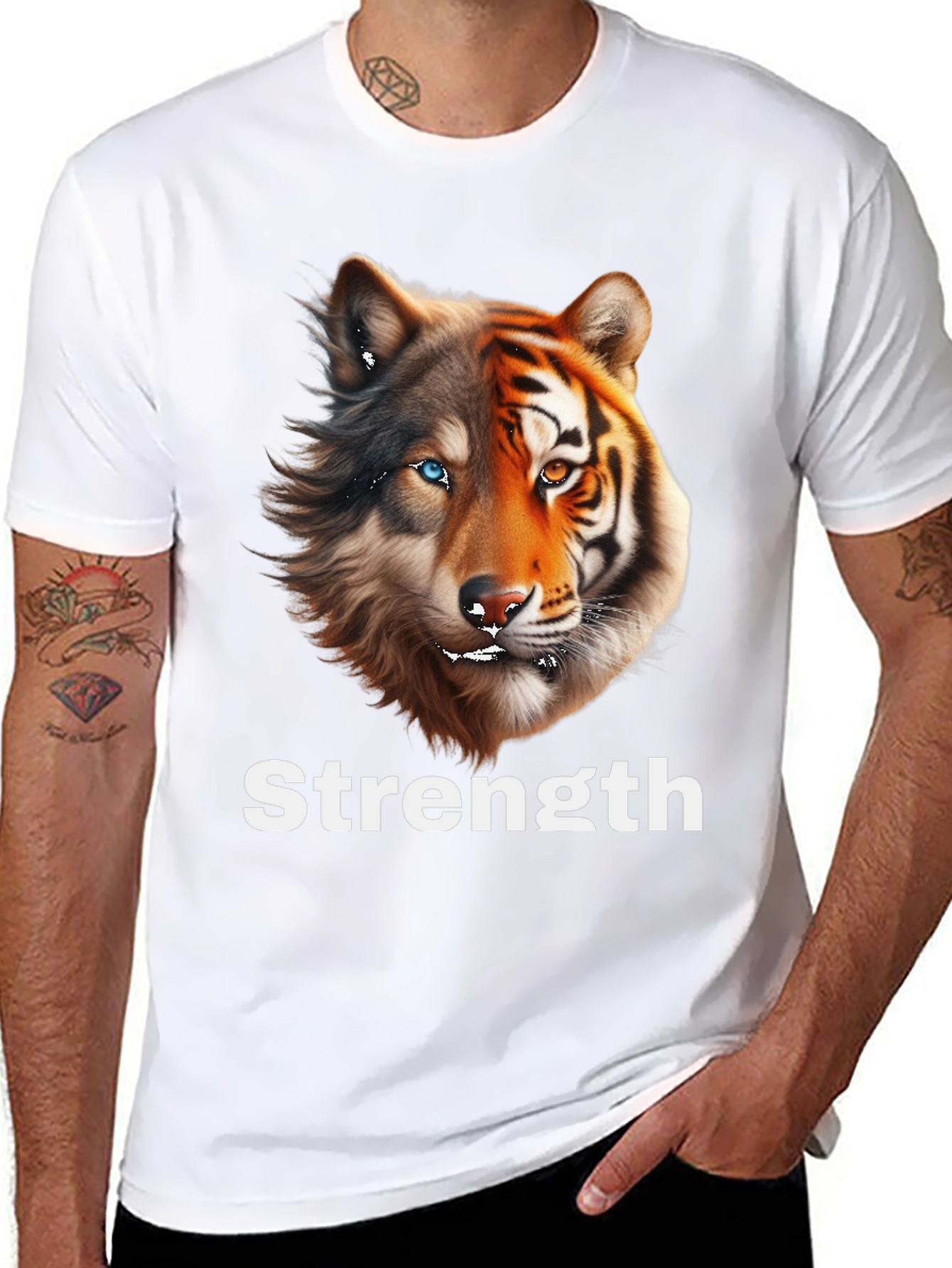 Black Strength Wolf Tiger Graphic Tee - Unique Animal Design view 8