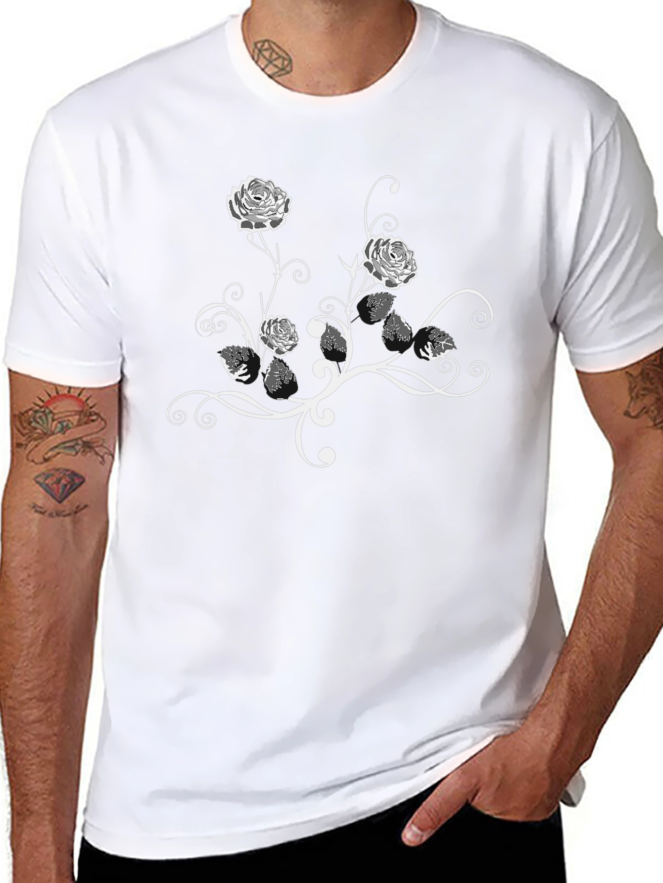 Black Floral Rose Vine Graphic Black T-Shirt view 8
