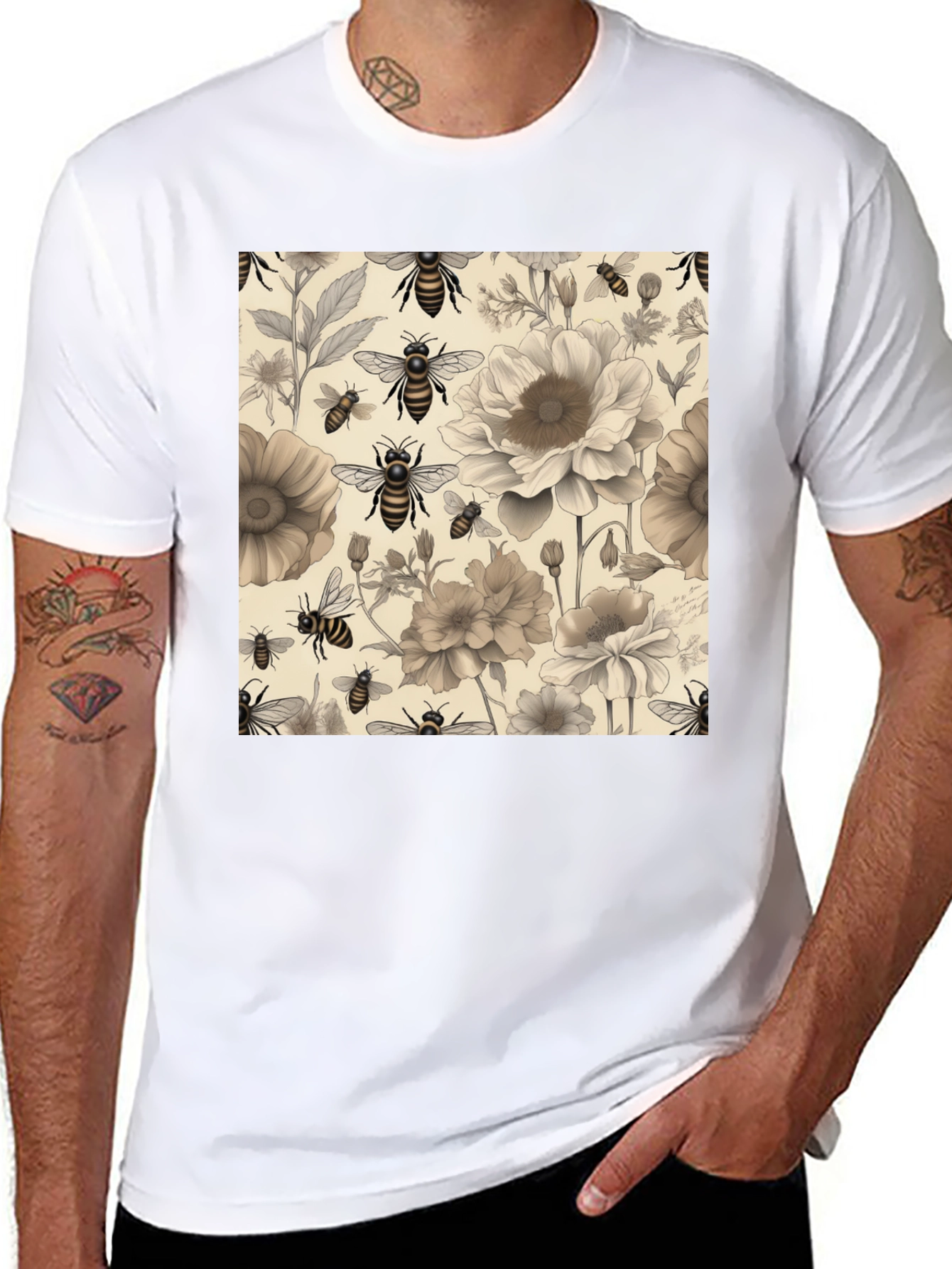 Black Floral Bee Print Black T-Shirt view 8