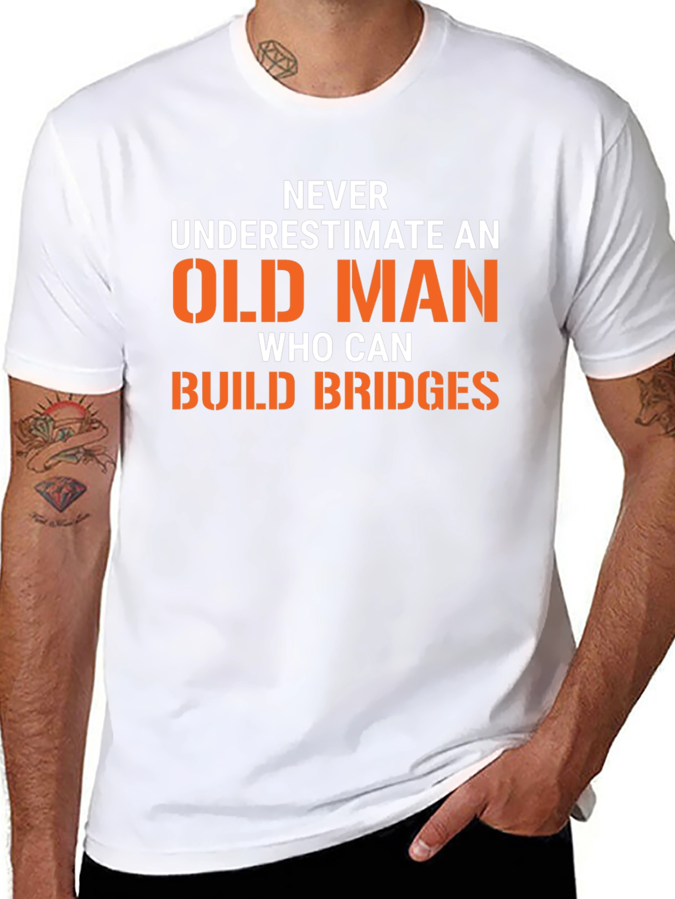 Black Funny "Old Man Build Bridges" Graphic Tee view 8