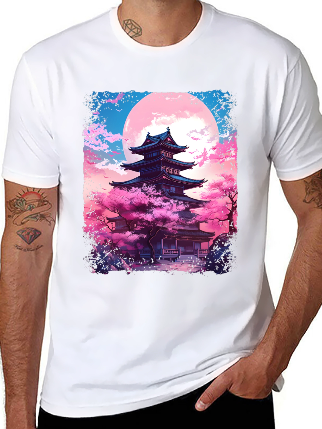 Black Japanese Temple Sakura Moon Men's Graphic Tee view 8