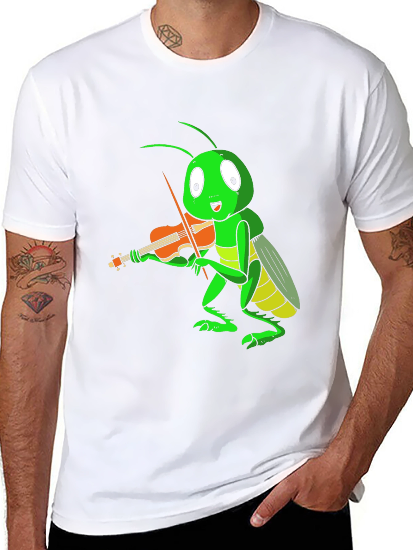 Black Grasshopper Violinist T-Shirt - Unique Graphic Tee view 8
