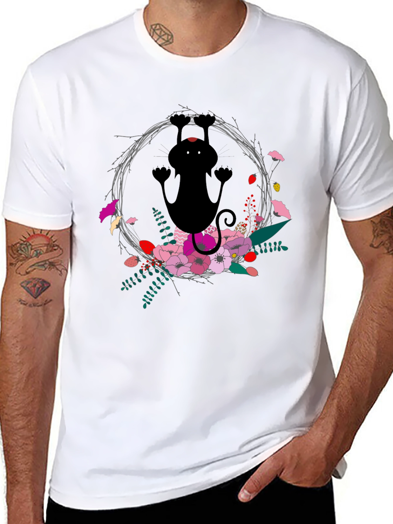 Black Floral Cat Black T-Shirt - Fun & Unique Design view 8