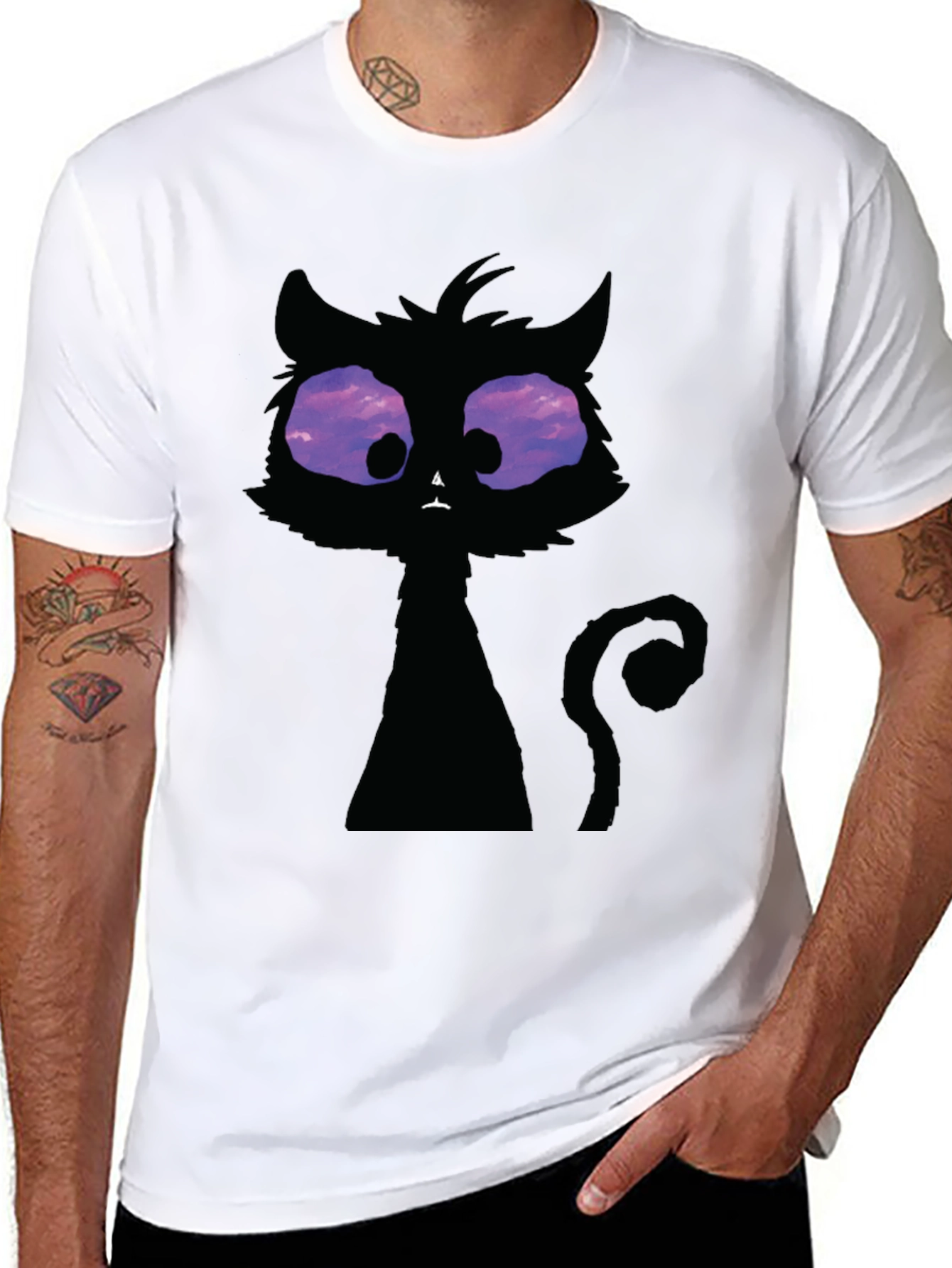 Black Whimsical Cat T-Shirt: Black Crew Neck with Unique Design view 8